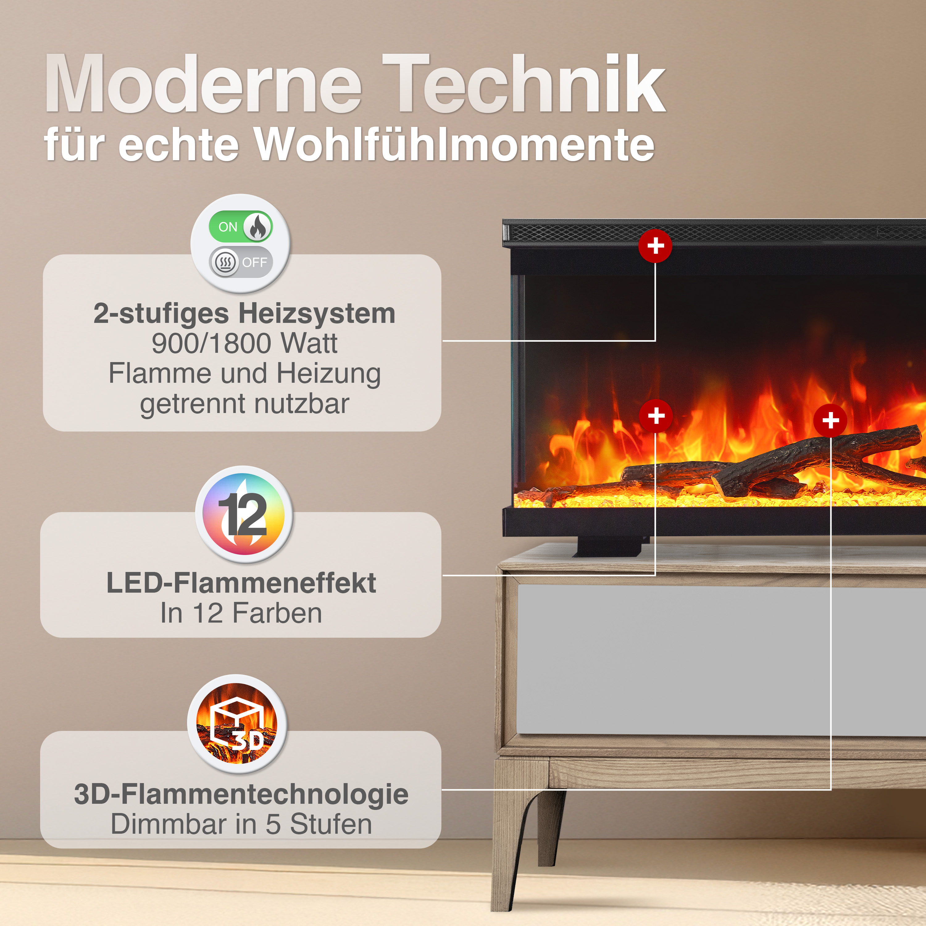 Moderner Kamin mit Flammen- und Heizfunktion, 2 Stufen, 12 Farben.
