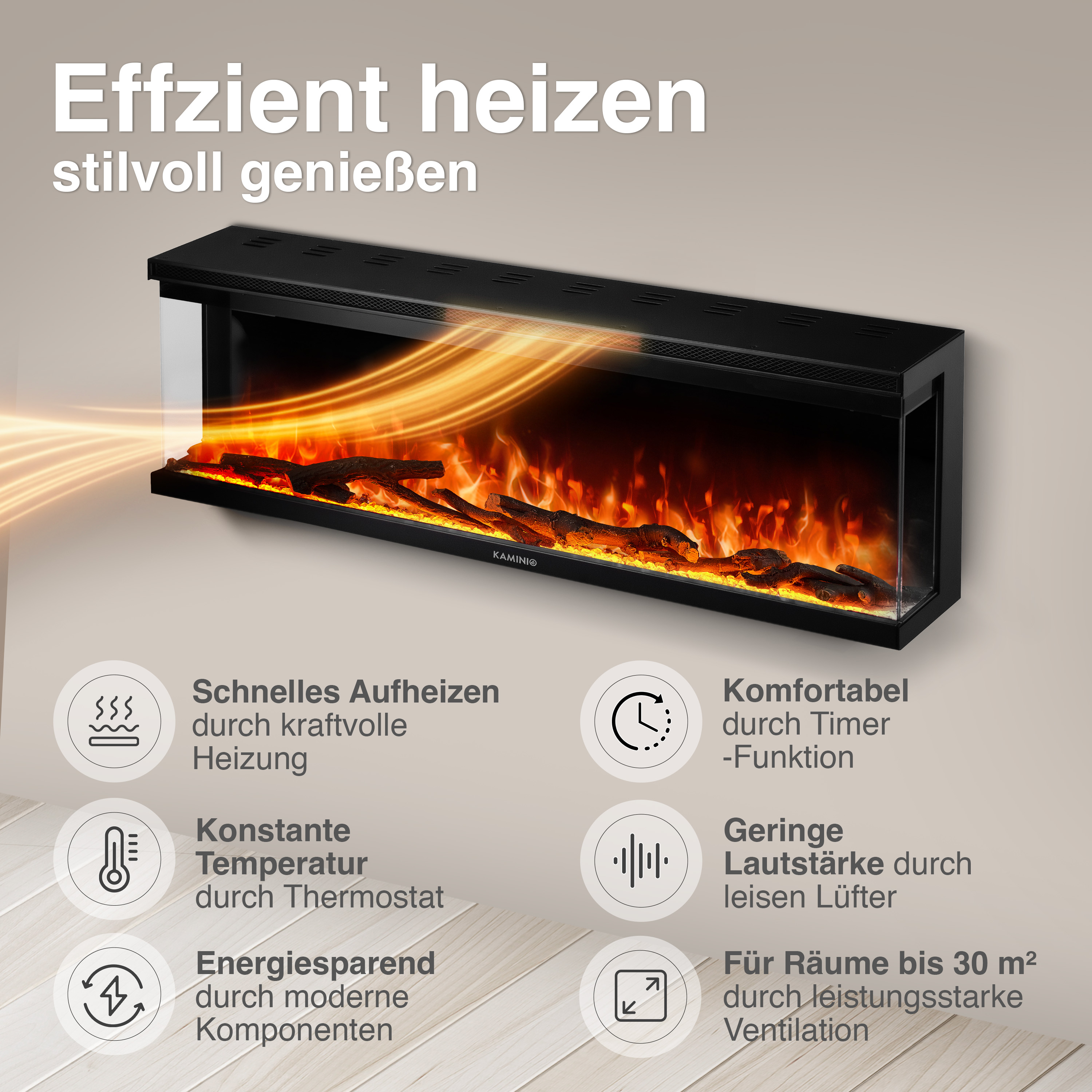 Moderner Elektrokamin mit realistischer Flammenoptik und Bedienfeldern.