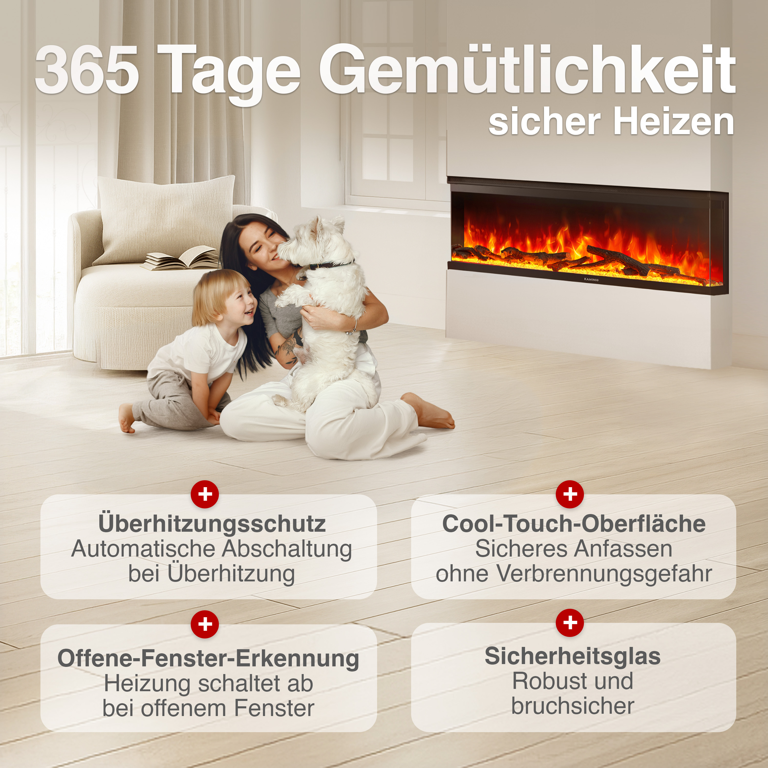 Eine Frau hält einen Hund, ein Kind spielt neben einem Kamin. Text über Sicherheit.