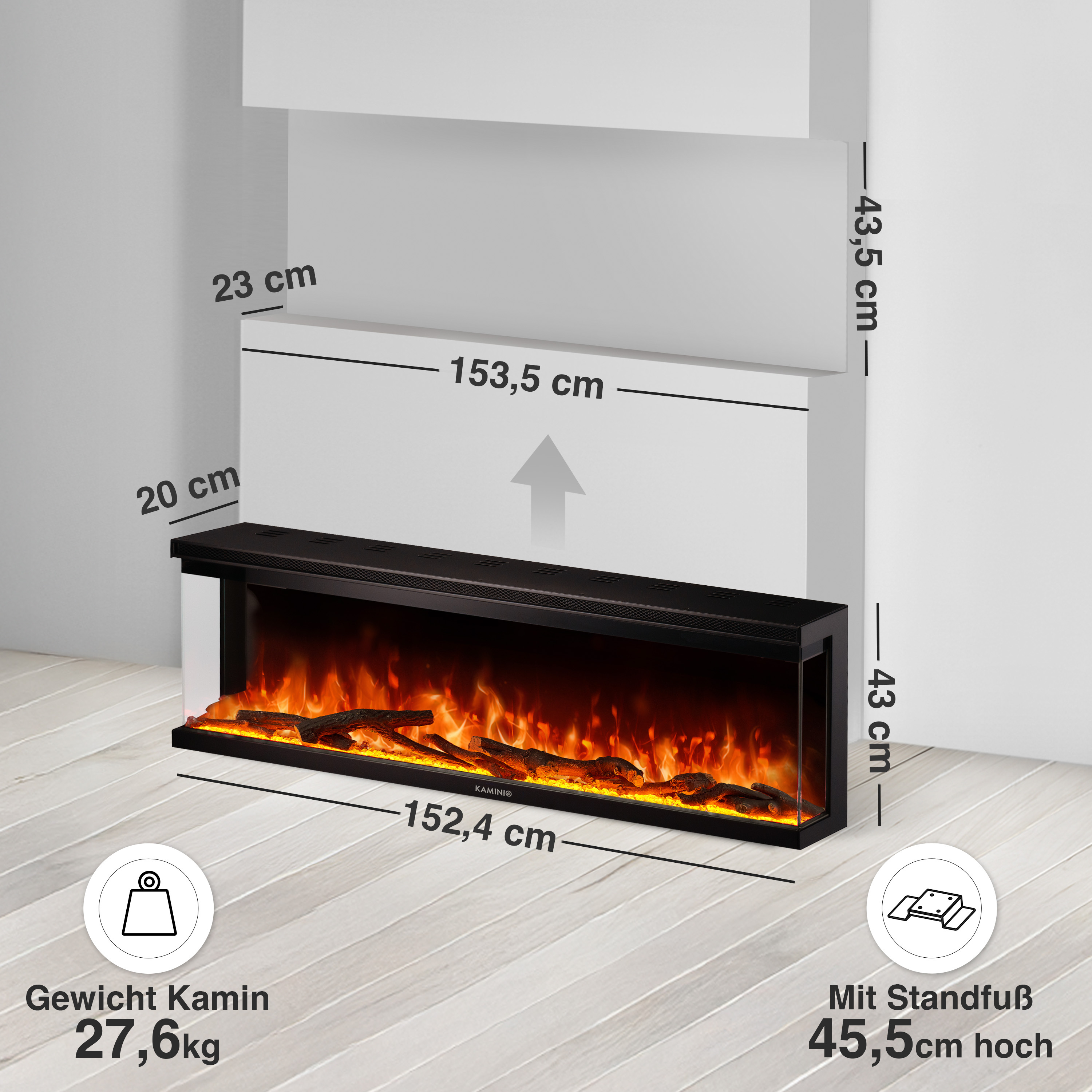 Moderner Kaminsims mit Flammenoptik, 152,4 cm breit, 43 cm hoch.