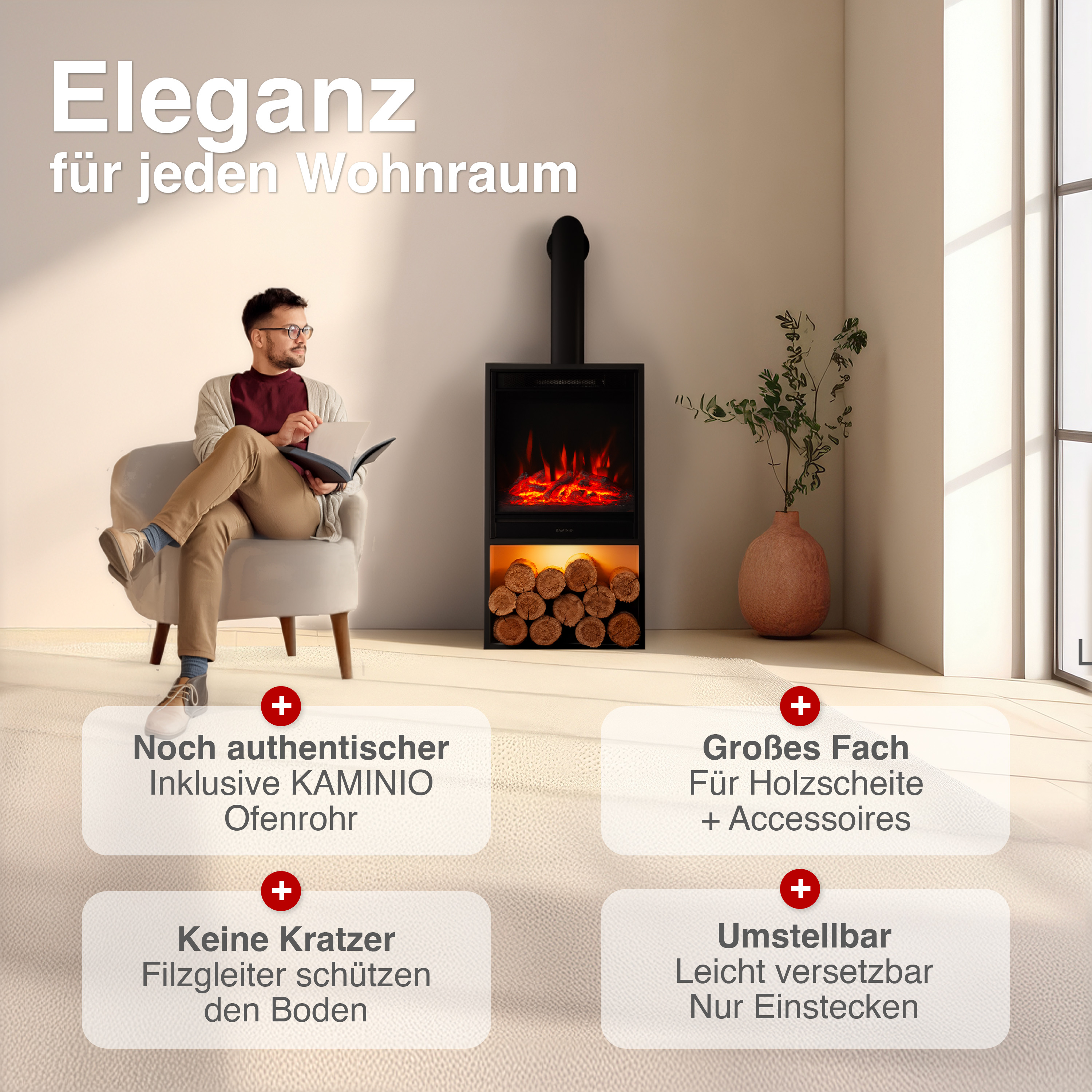 Mann liest Buch neben Kamin mit Holz und Flammen. Text über Eleganz.