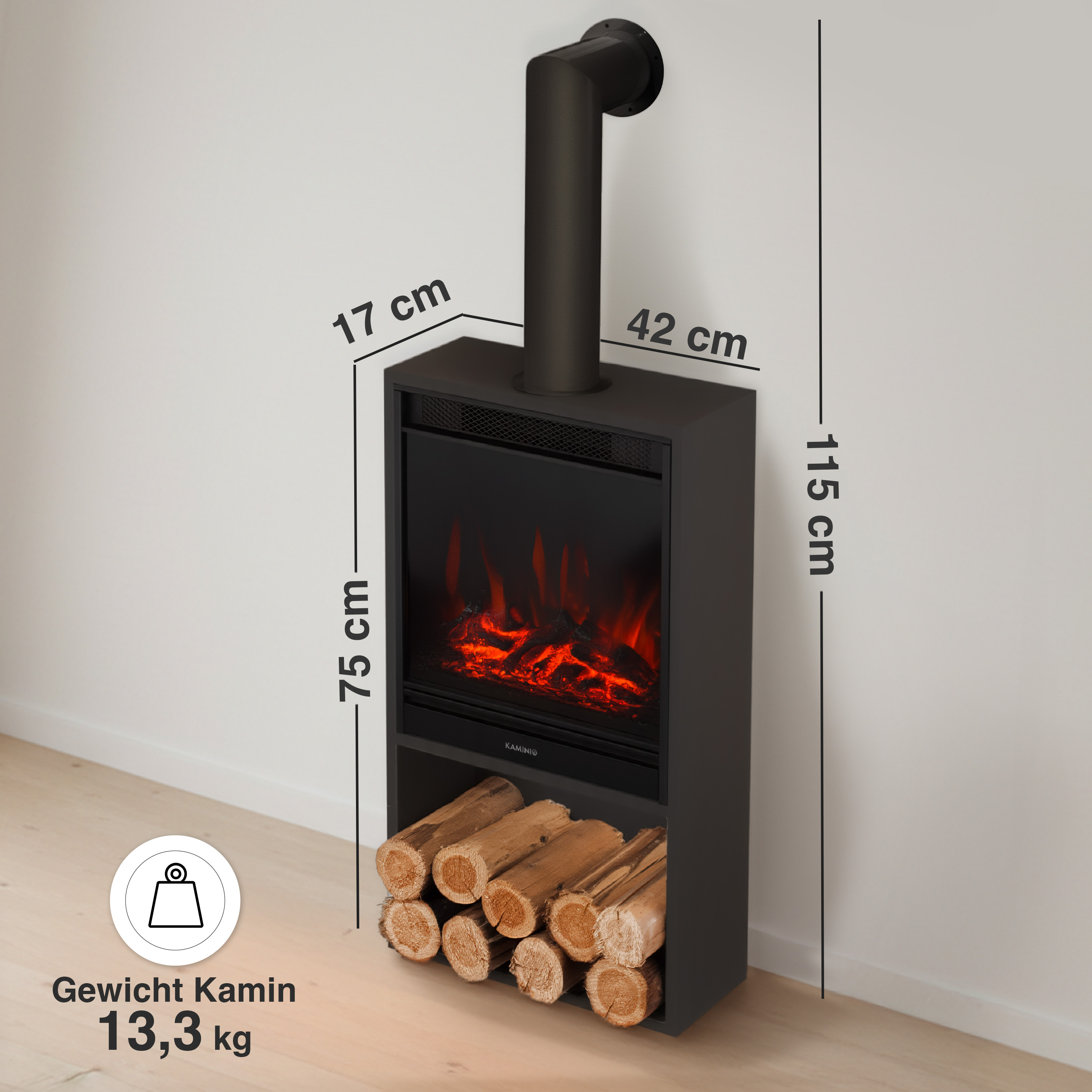 Ein schwarzer Elektrokamin mit Flammen und Holzscheiten, Maße sind angegeben.