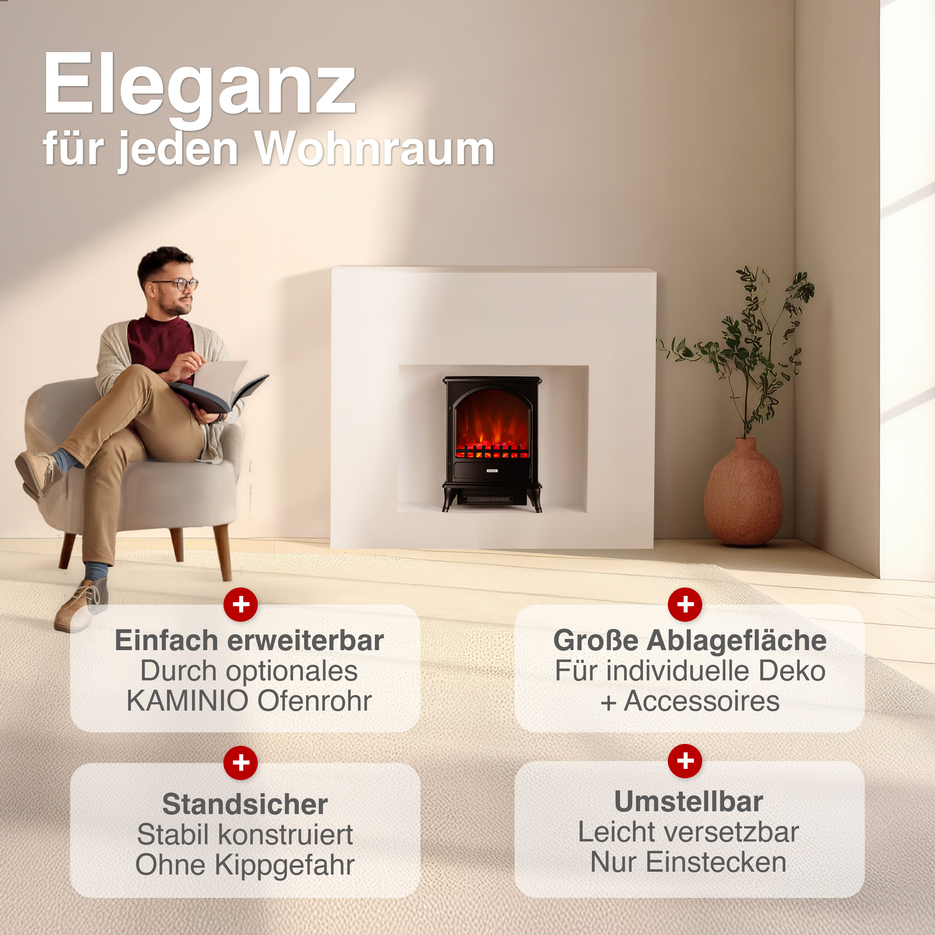 Mann liest Buch im Sessel vor elektrischem Kamin mit Deko-Vase.