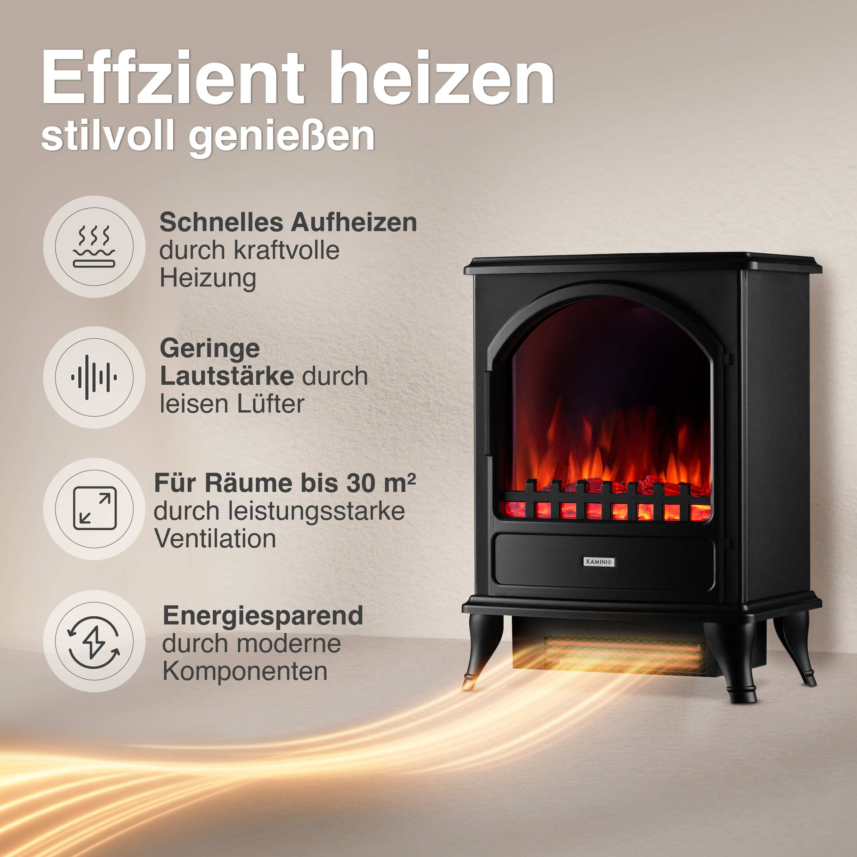 Schwarzer Kaminofen mit Flammen-Effekt und Text-Aufzählungspunkten.