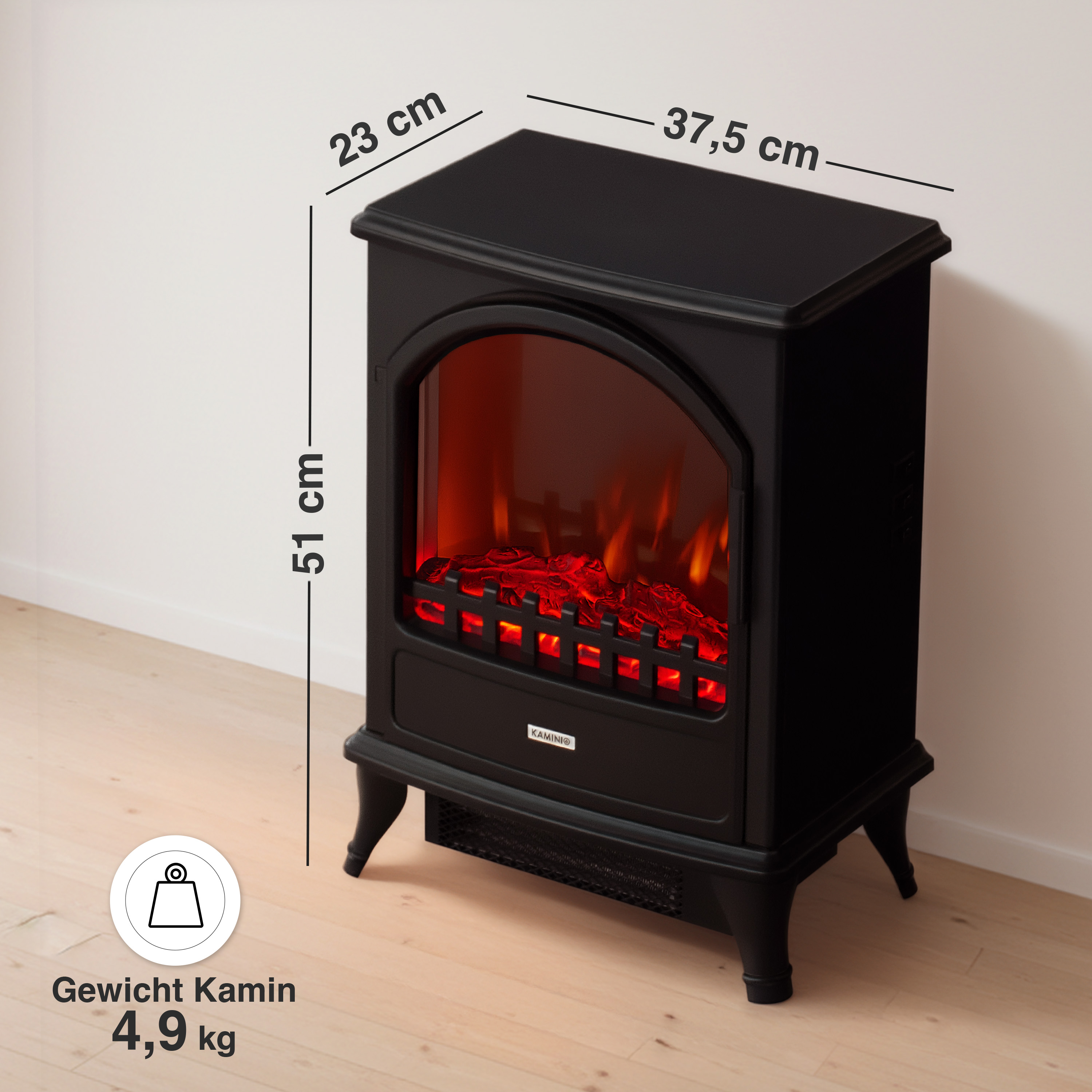 Schwarzer Kamin mit Flammen-Effekt, H: 51cm, B: 37,5cm, T: 23cm, Gewicht 4,9kg.