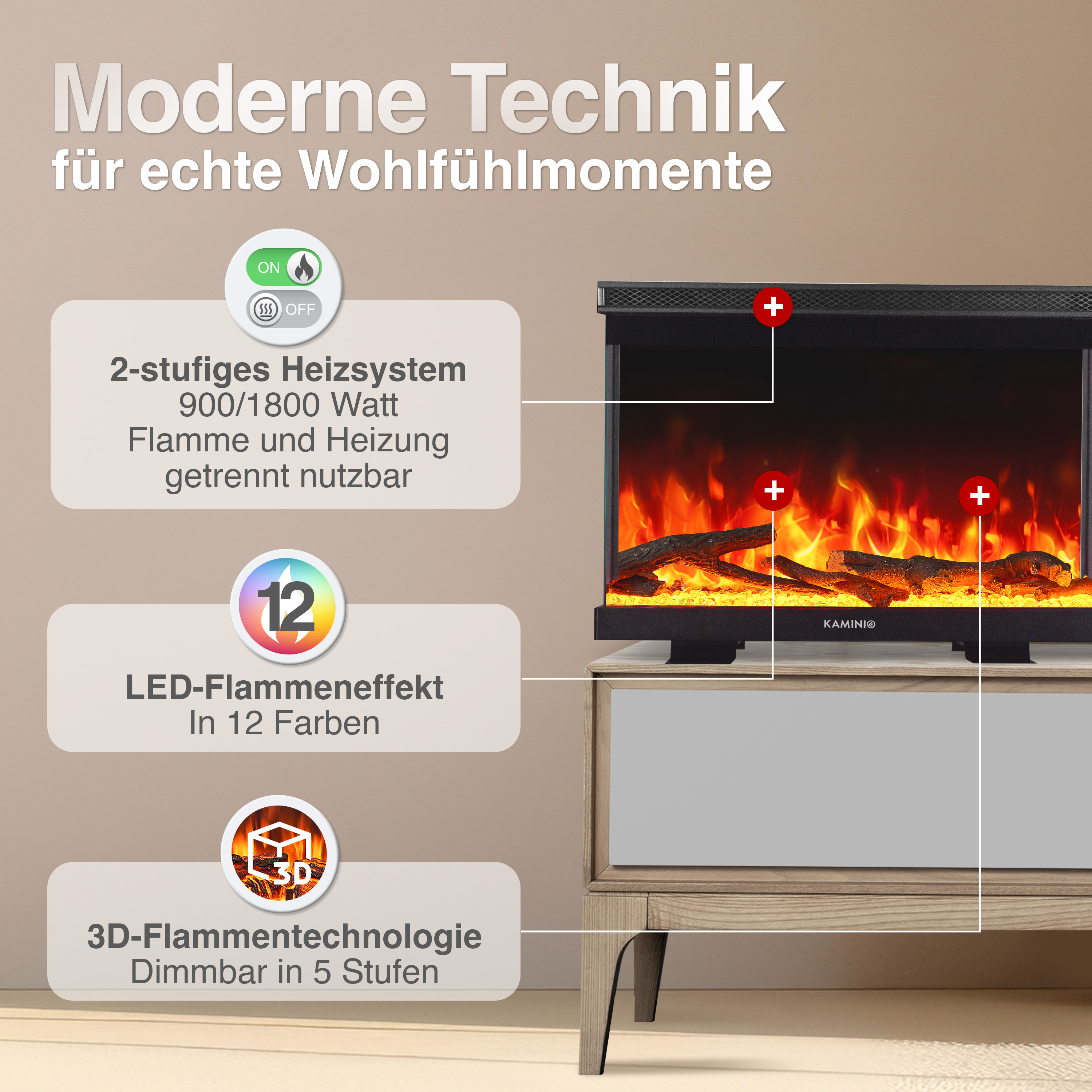 Moderner Kamin mit Flammen- und Heizfunktion, 2 Heizstufen, 12 LED-Farben.