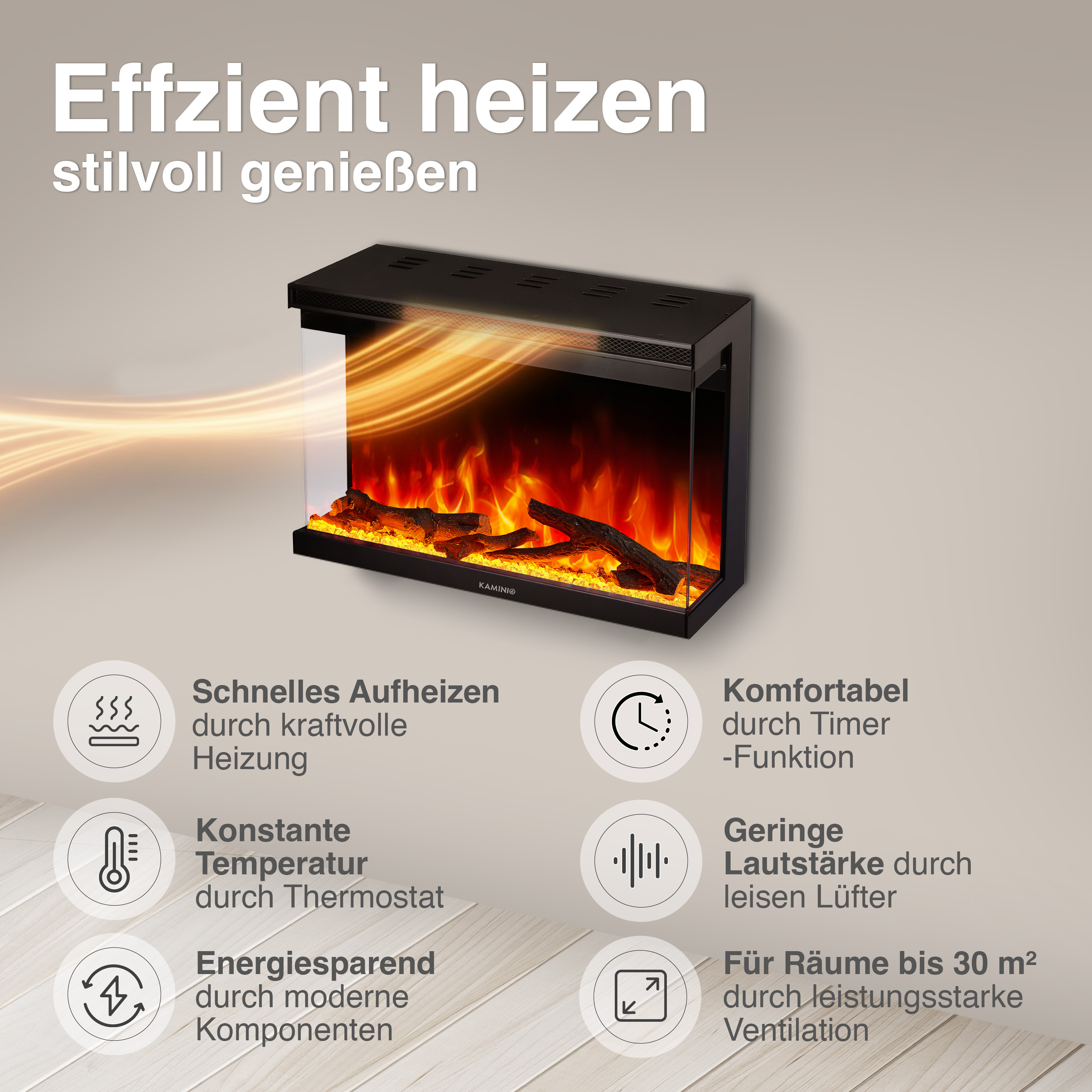 Moderner Kamin mit Flammen-Effekt, Heizfunktion und Symbolen für Features.