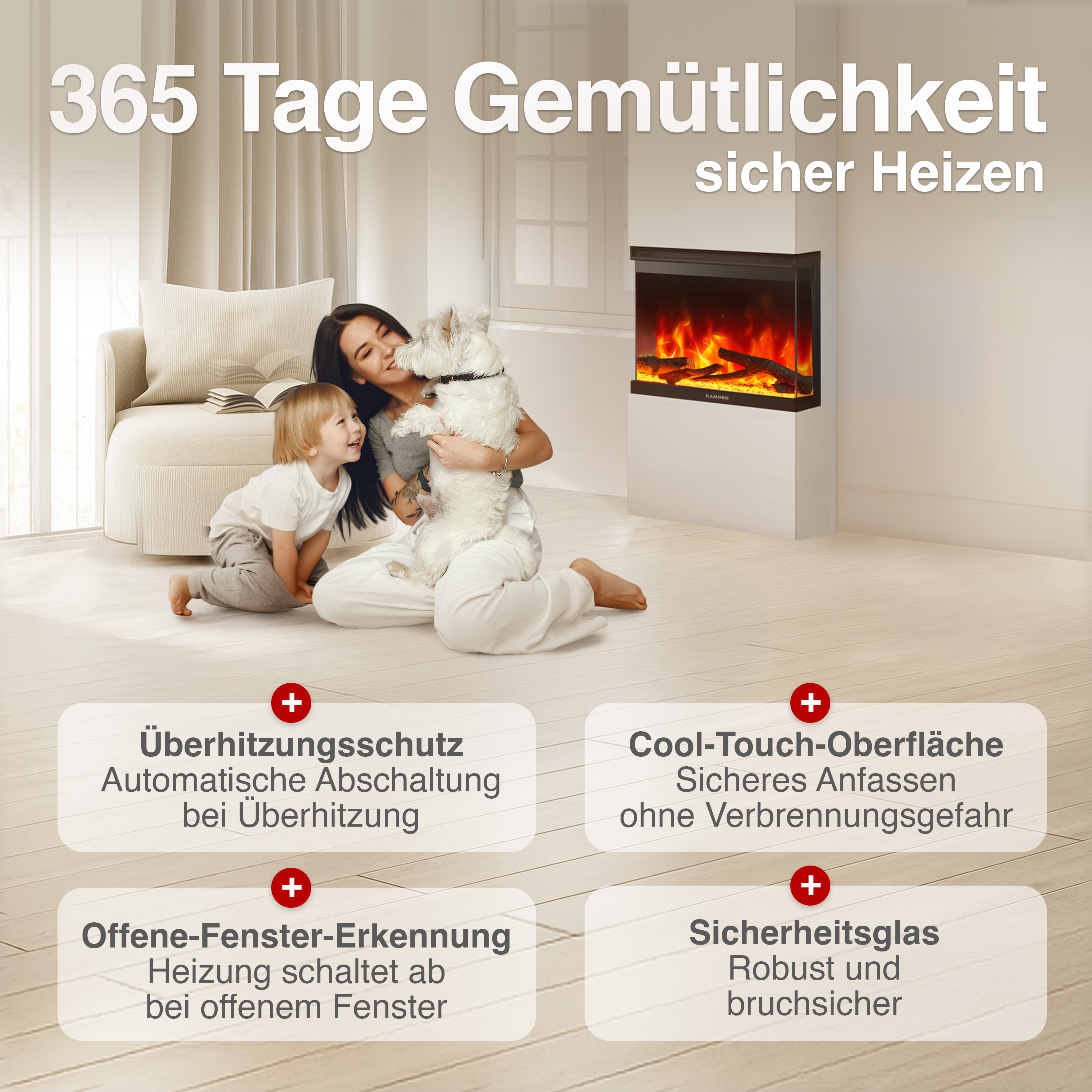 Frau mit Kind und Hund vor Kamin. Mit Features wie Überhitzungsschutz.