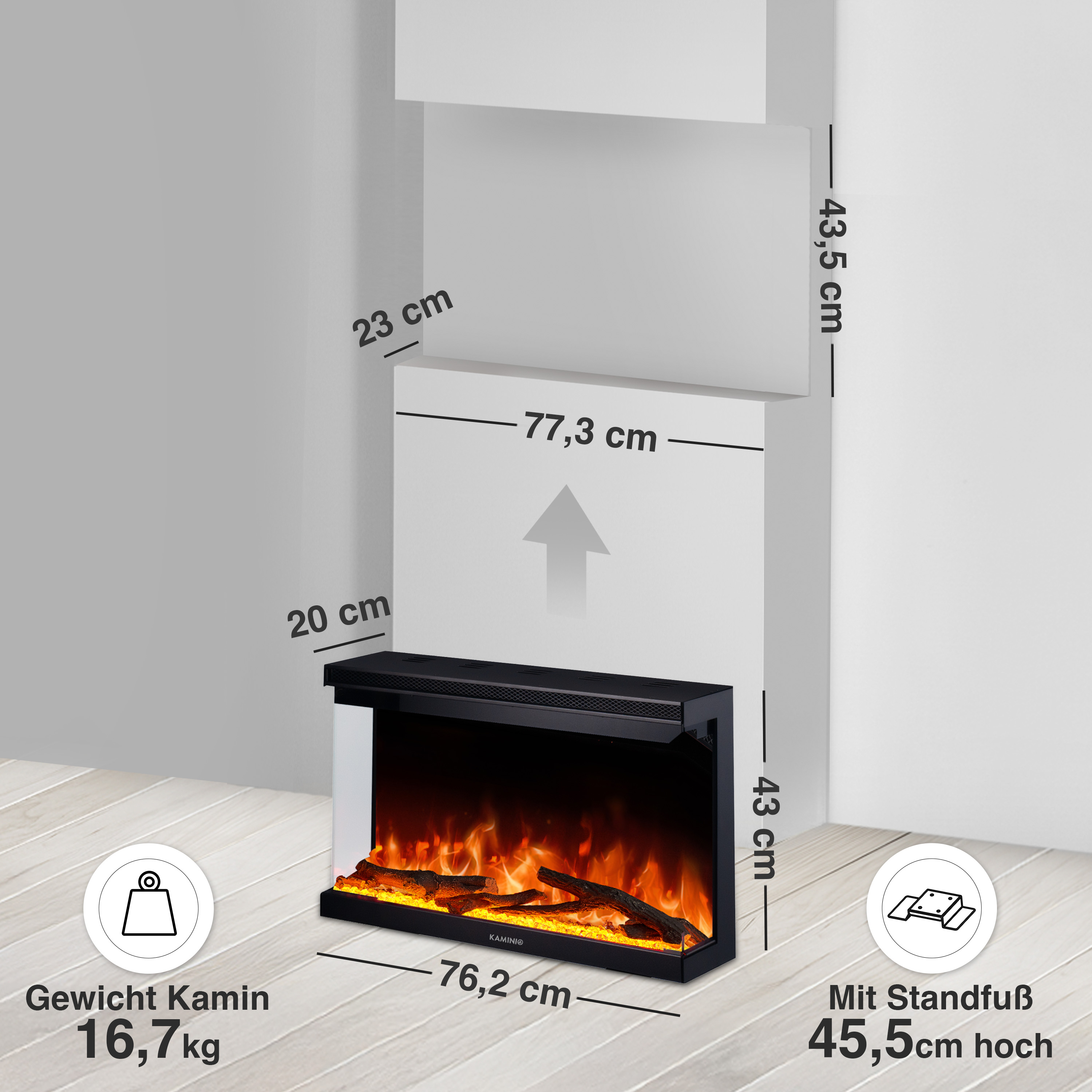 Ein Kaminsims mit Flammenmuster, Maße und Gewicht angegeben.