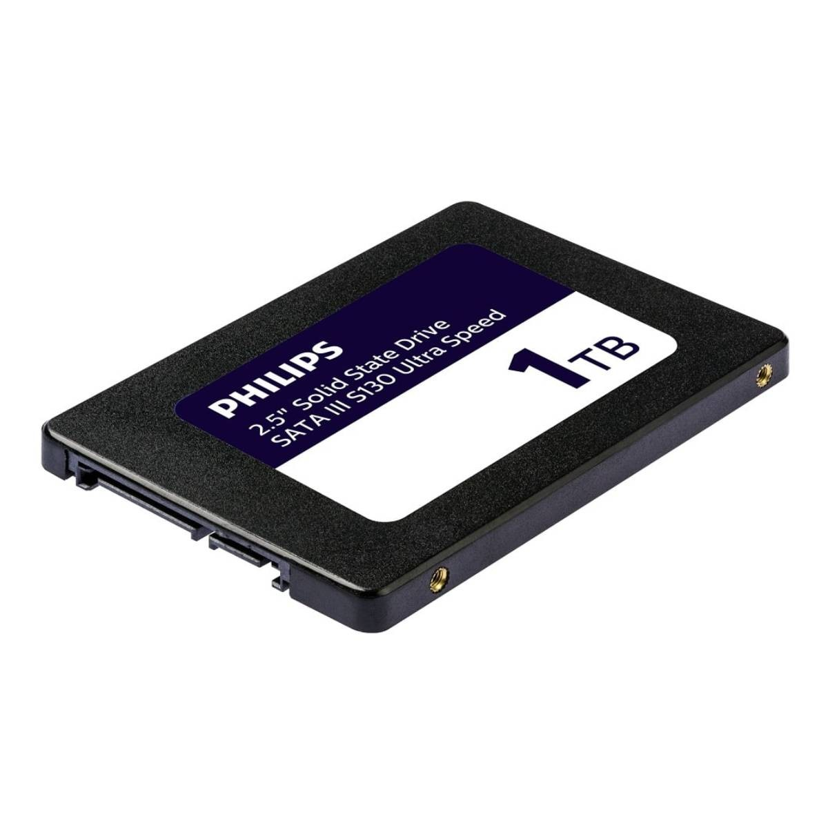 Eine schwarze 2,5-Zoll-SSD von Philips mit 1 TB Kapazität und SATA III-Anschluss.
