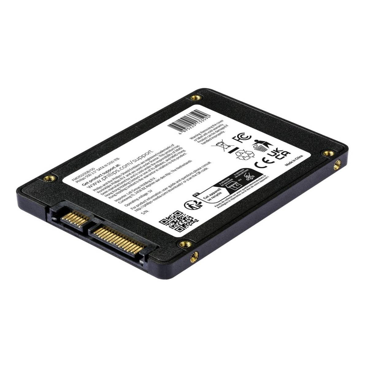 Schwarze SSD mit SATA-Anschlüssen und Produktinformationen.