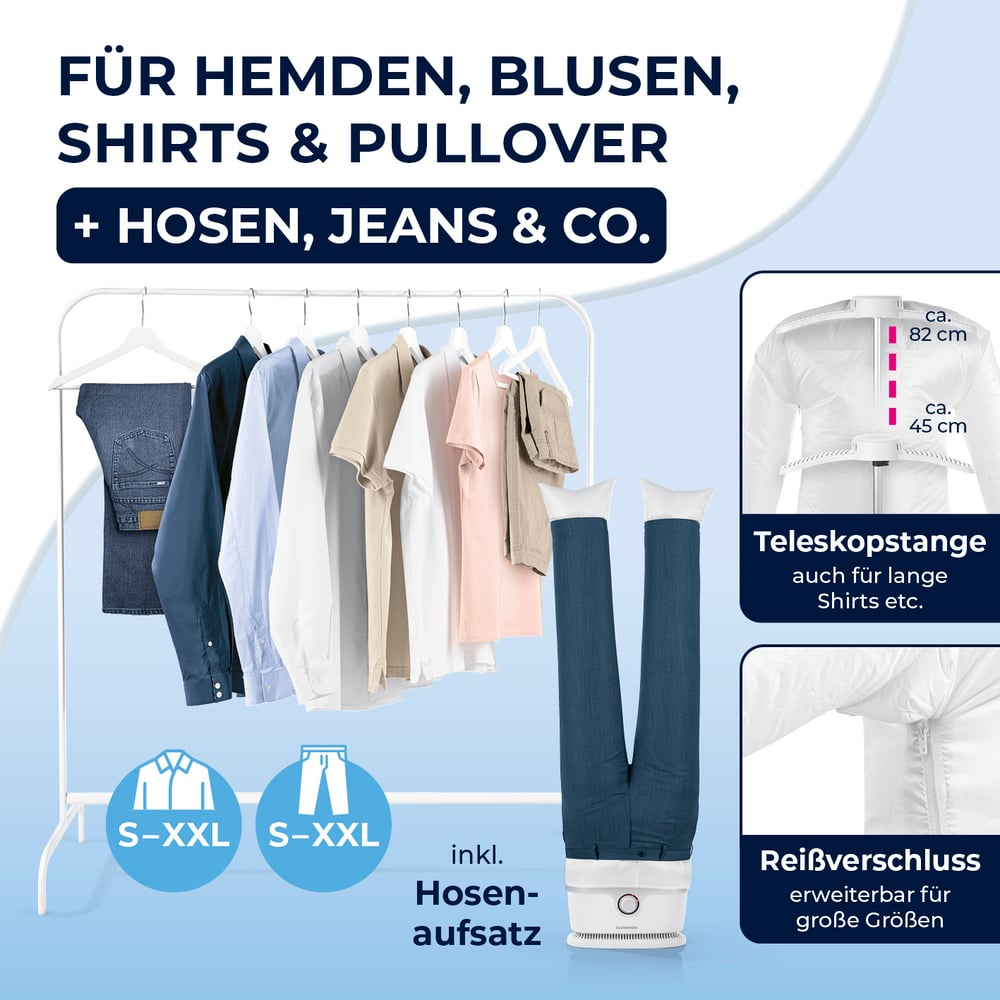 Kleiderständer mit Hemden, Hosen und einem Hosenaufsatz für ein Gerät.