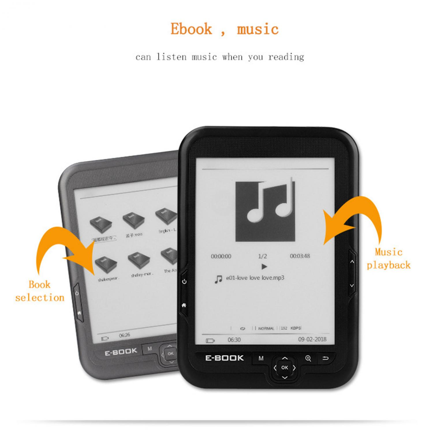 E-Book-Reader mit Buchauswahl und Musikwiedergabe.