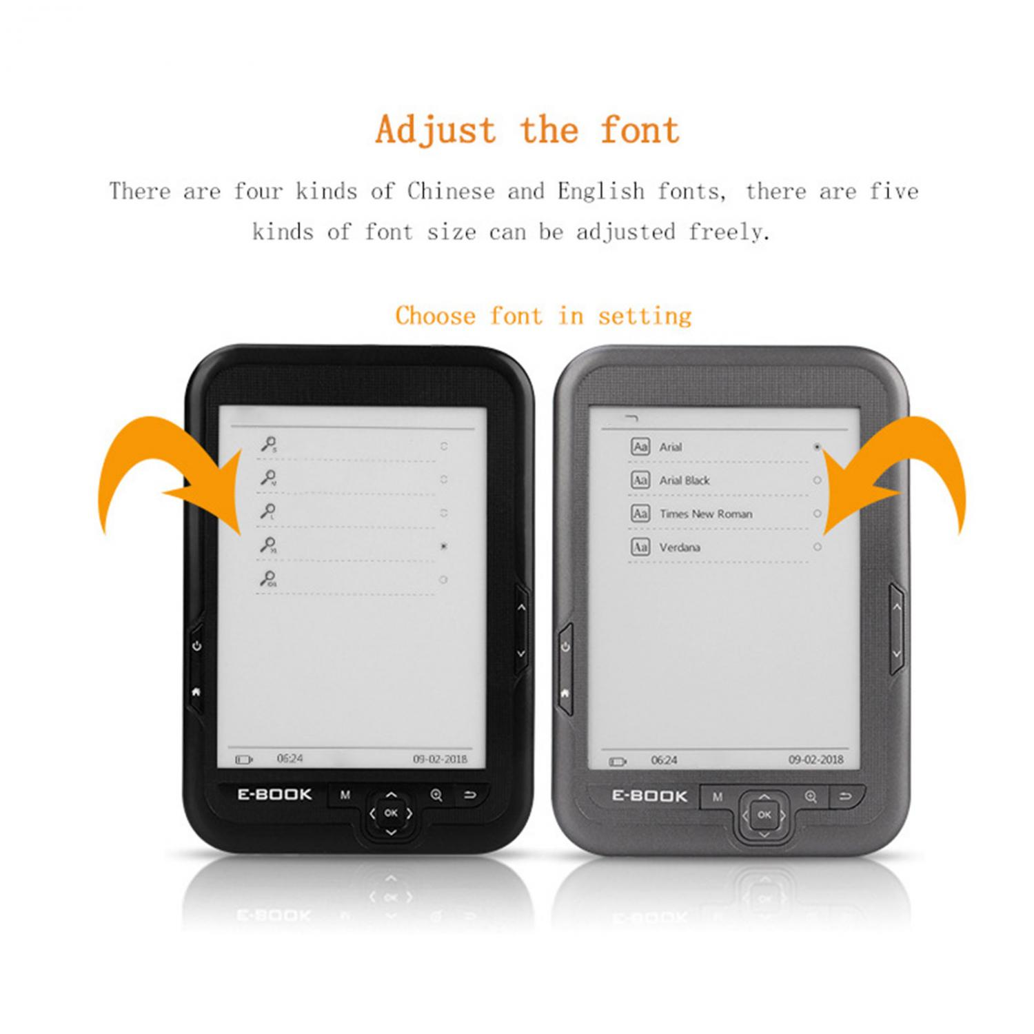 Zwei E-Book-Reader zeigen Schriftarten-Einstellungen: links Schwarz, rechts Grau.