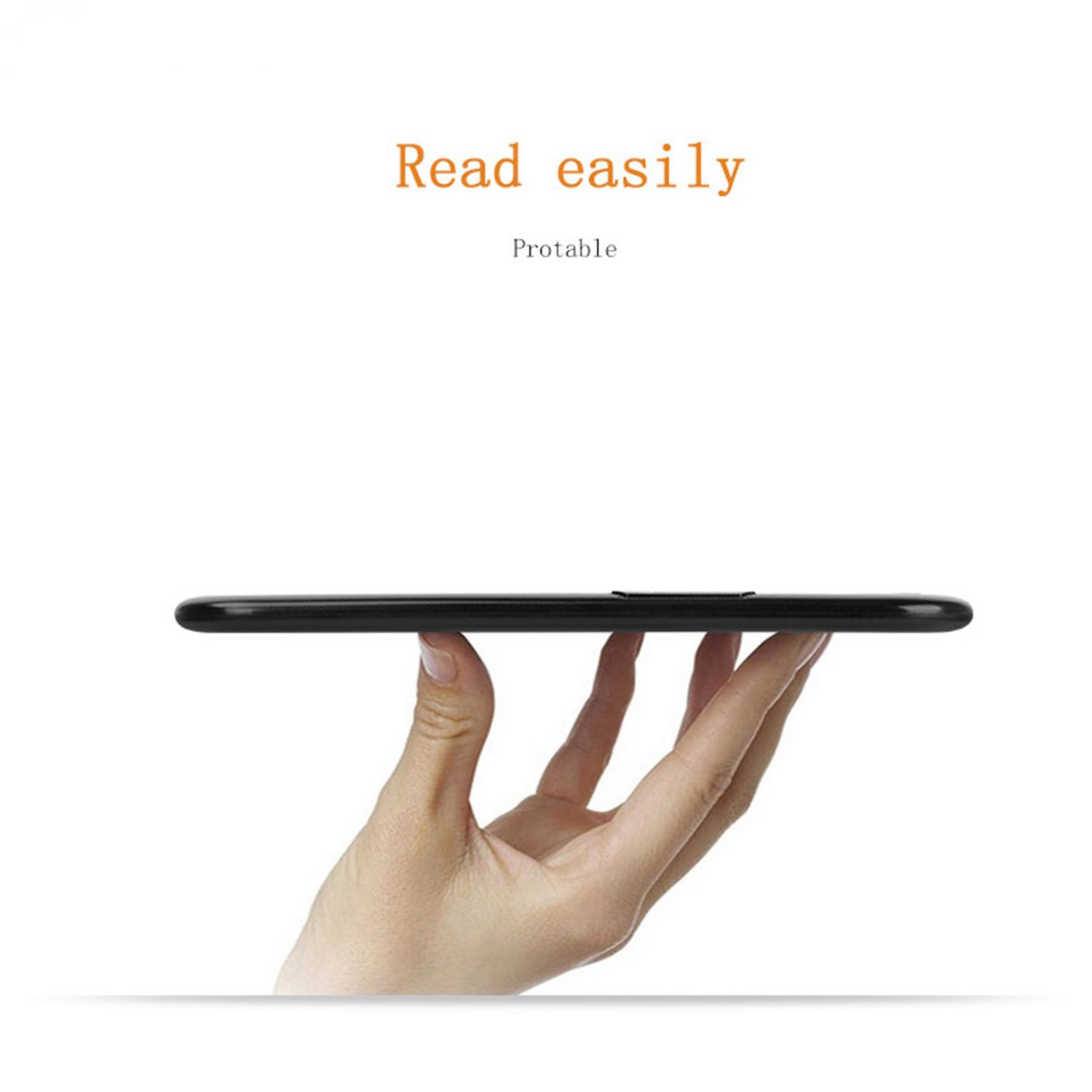 Eine Hand hält ein schwarzes, dünnes Objekt, mit dem Text „Read easily“.