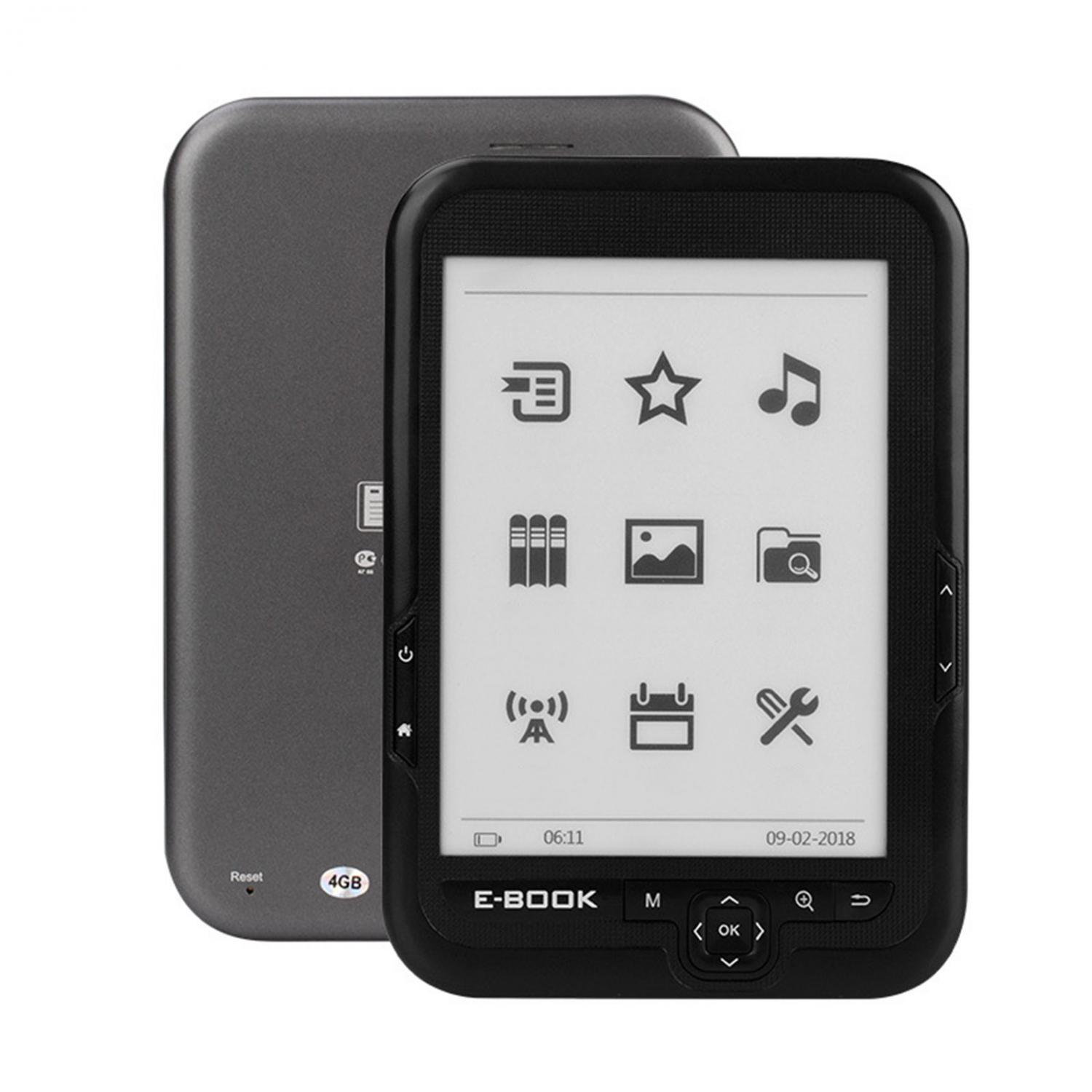 Ein schwarzer E-Reader zeigt ein Menü mit Symbolen. Links ist die Rückseite.