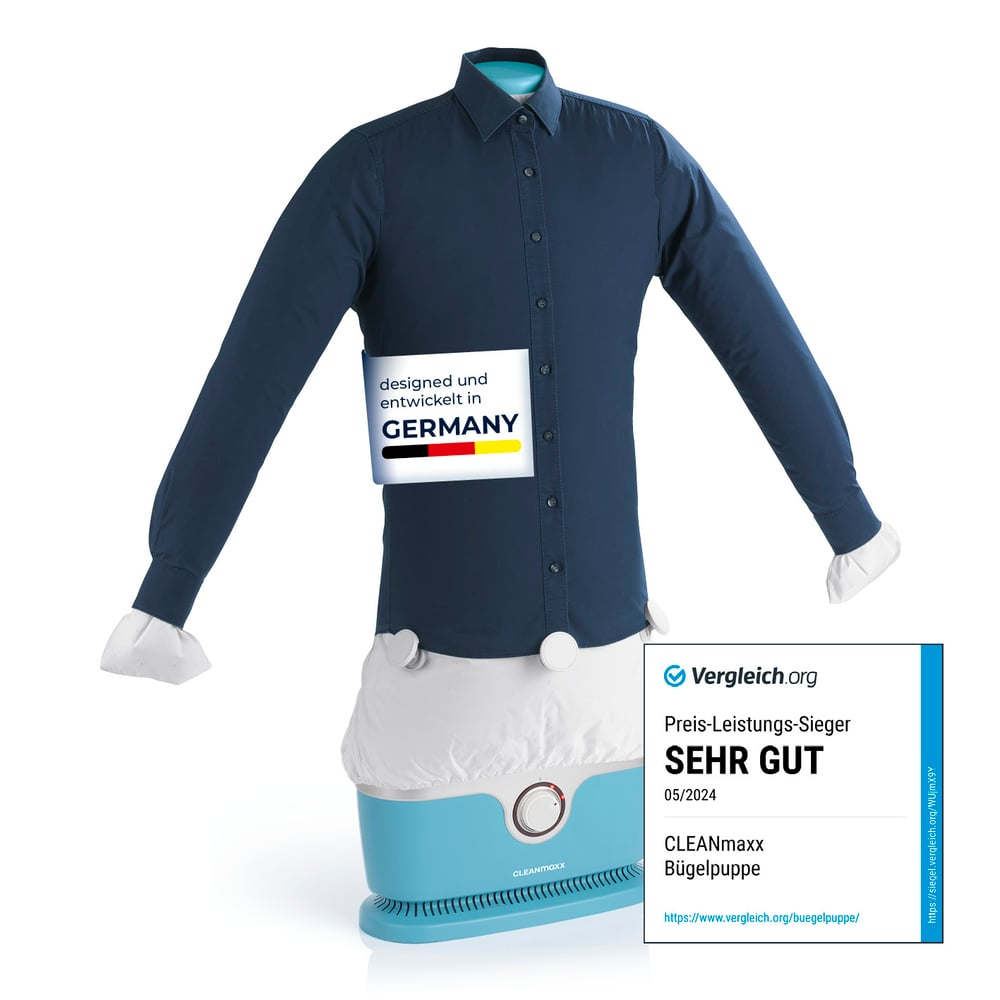 Ein dunkelblaues Hemd auf einem Bügelpuppen-Gerät. "Designed und entwickelt in GERMANY".