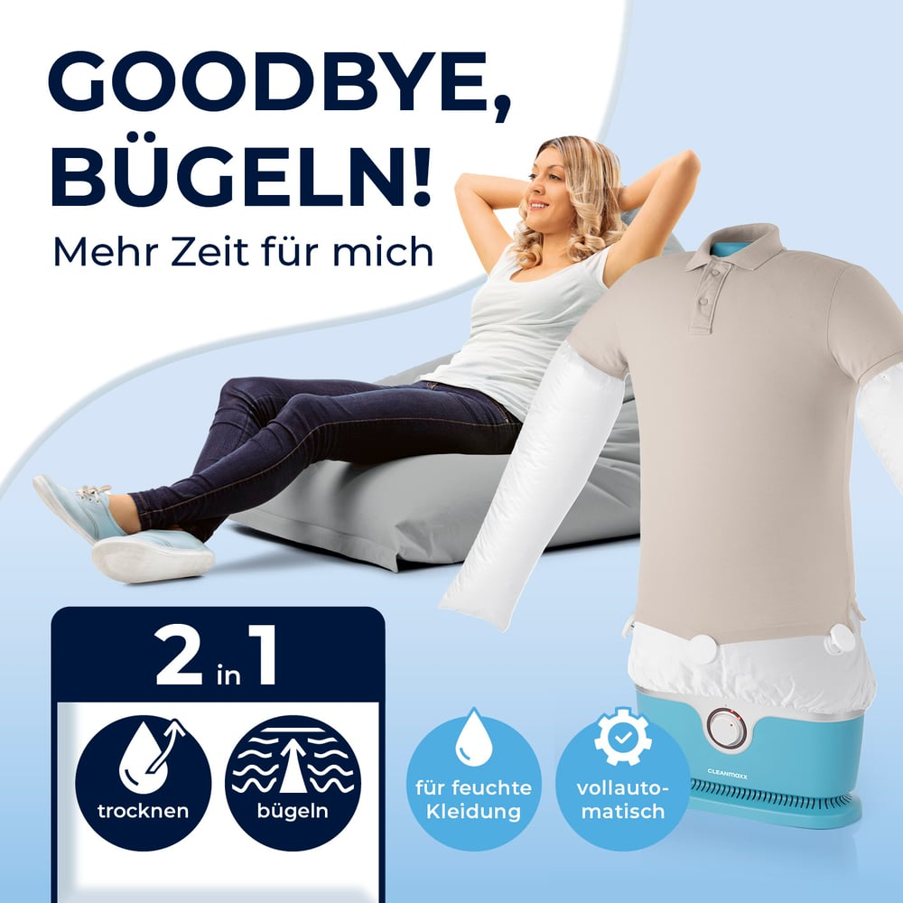 Frau entspannt, während ein Hemd auf einem Bügelautomaten trocknet und gebügelt wird.