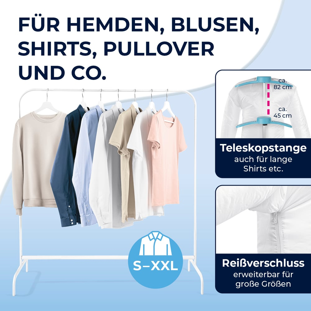 Kleidung auf Kleiderbügeln an Kleiderständer, Größen S-XXL, Teleskopstange, Reißverschluss.