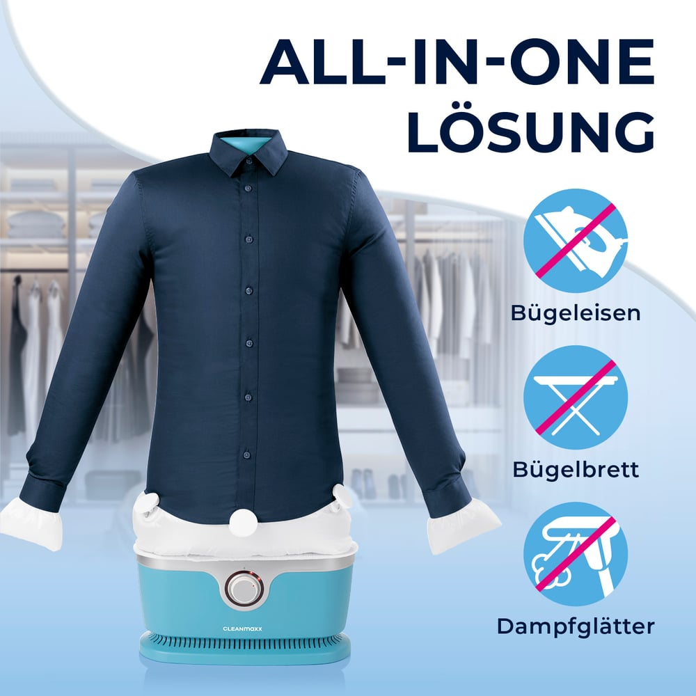 Dampfgerät für Hemden, blau, mit Symbolen für Bügeleisen und Bügelbrett durchgestrichen.