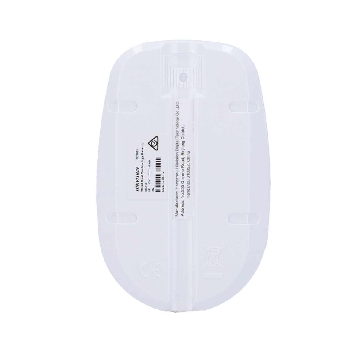 Parte posterior blanca del detector HIKVISION de doble tecnología con información del fabricante.