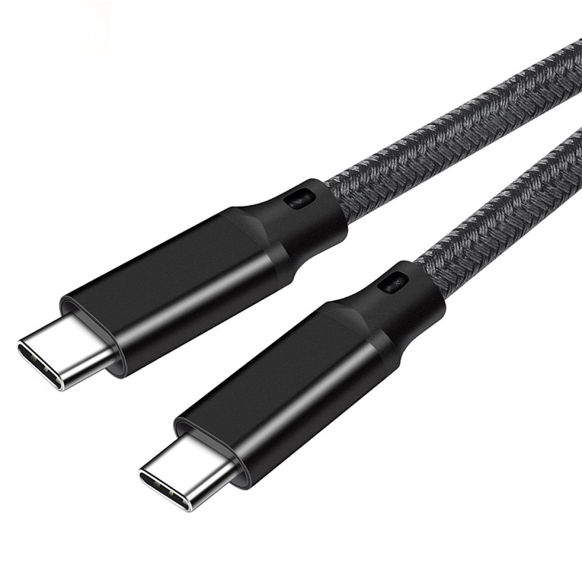 Ein schwarzes USB-C-Kabel mit geflochtenem Stoffmantel und silbernen Anschlüssen.