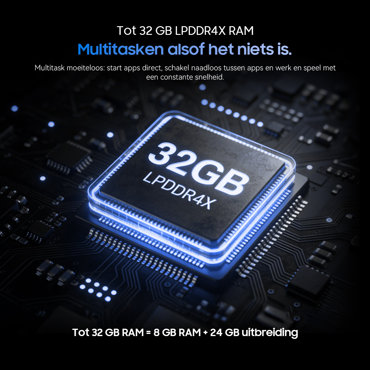 Een 32GB LPDDR4X RAM-chip op een printplaat met blauwe accenten.