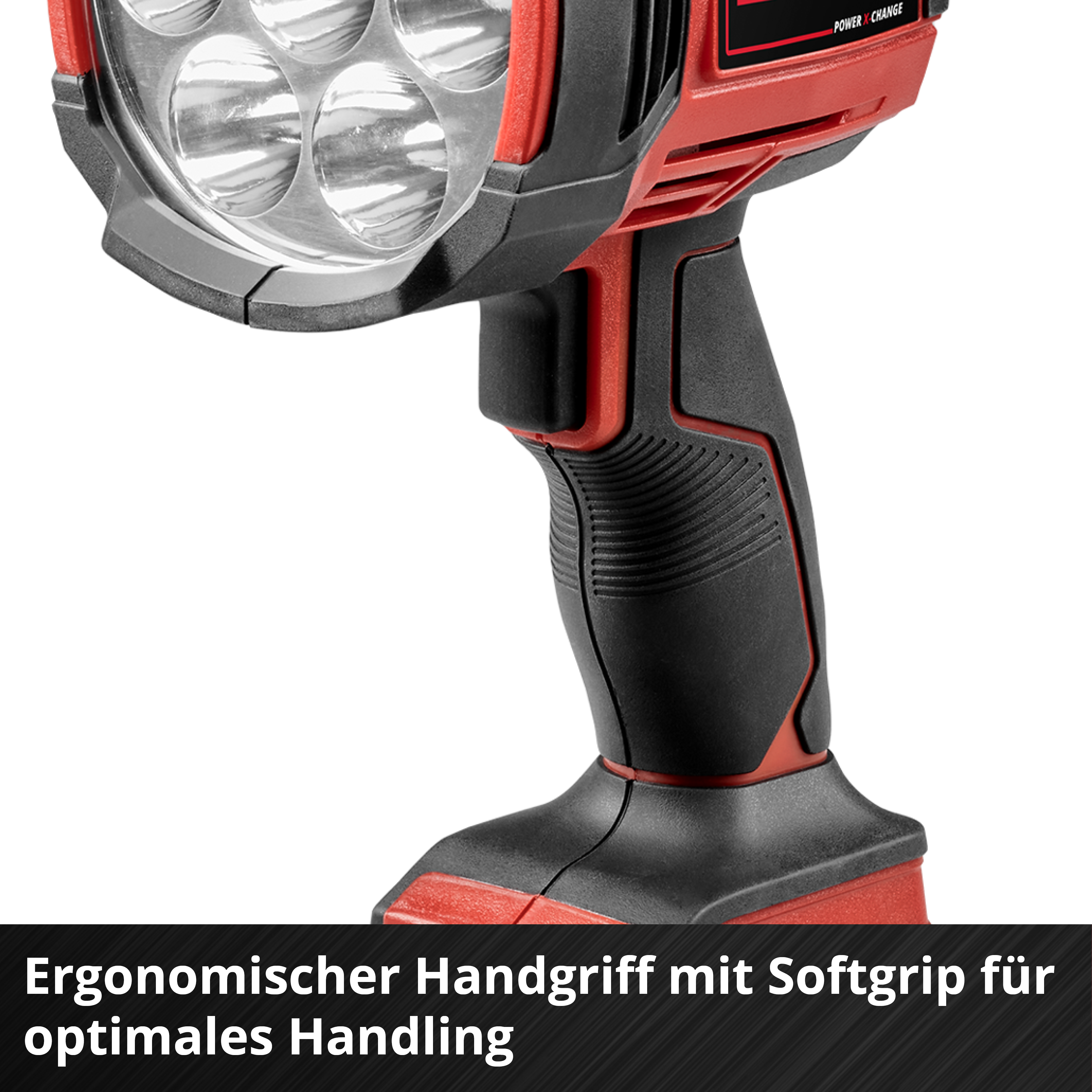 Roter und schwarzer Griff einer Taschenlampe mit vier Lichtern.