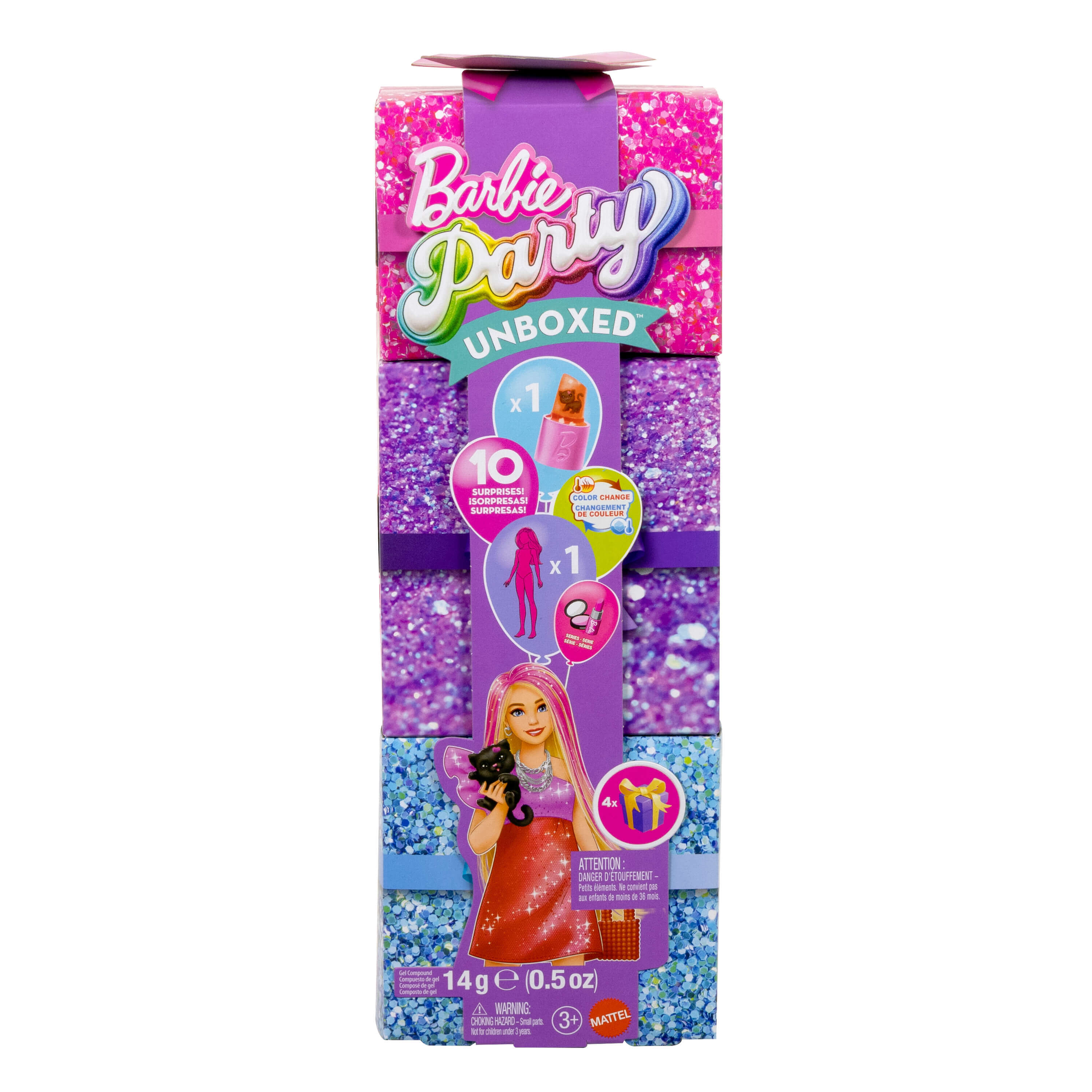 Barbie Party Unboxed Spielzeugverpackung mit Glitzer und einer Barbie-Puppe.