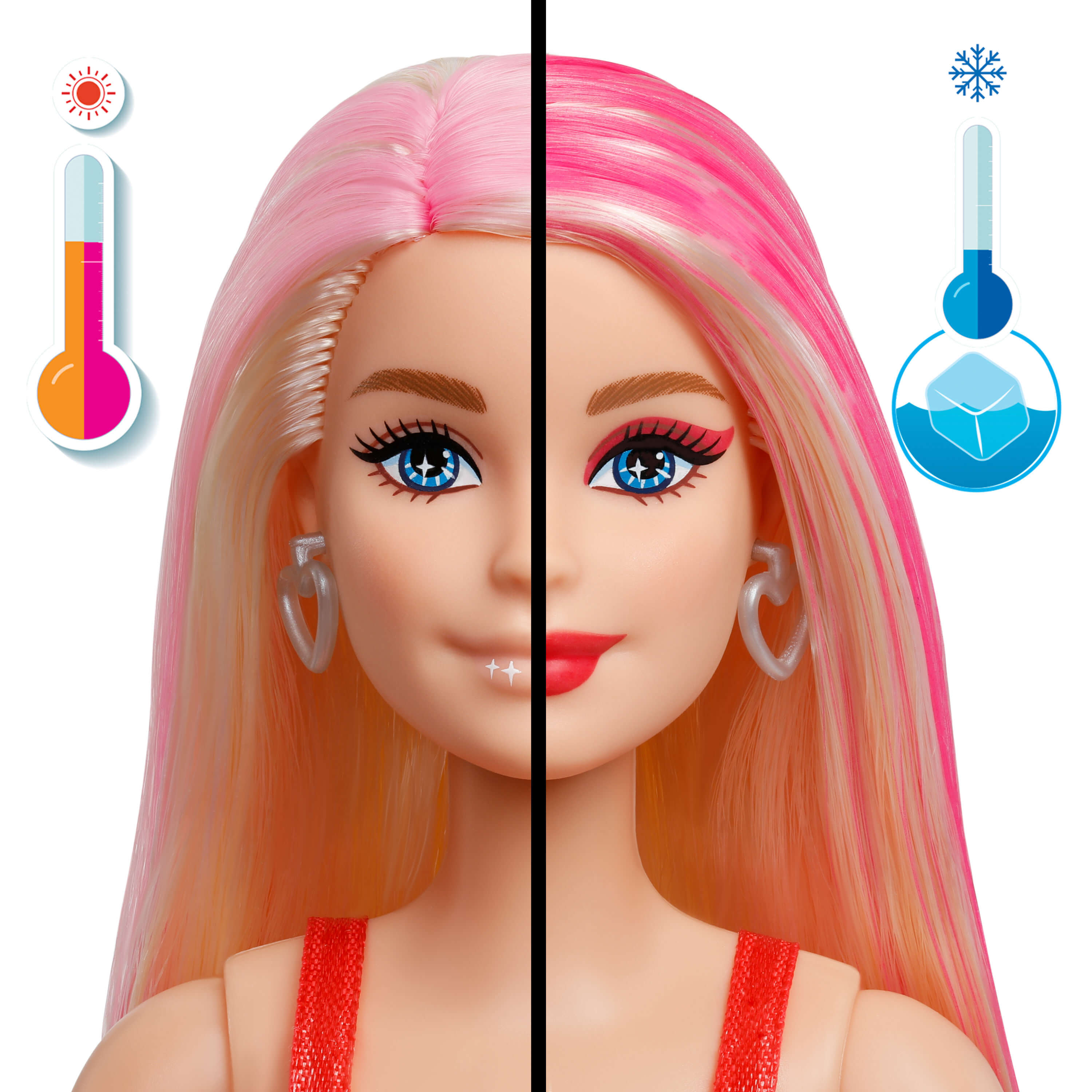 Barbie mit Farbwechselhaar und Thermometer-Symbolen für heiß und kalt.