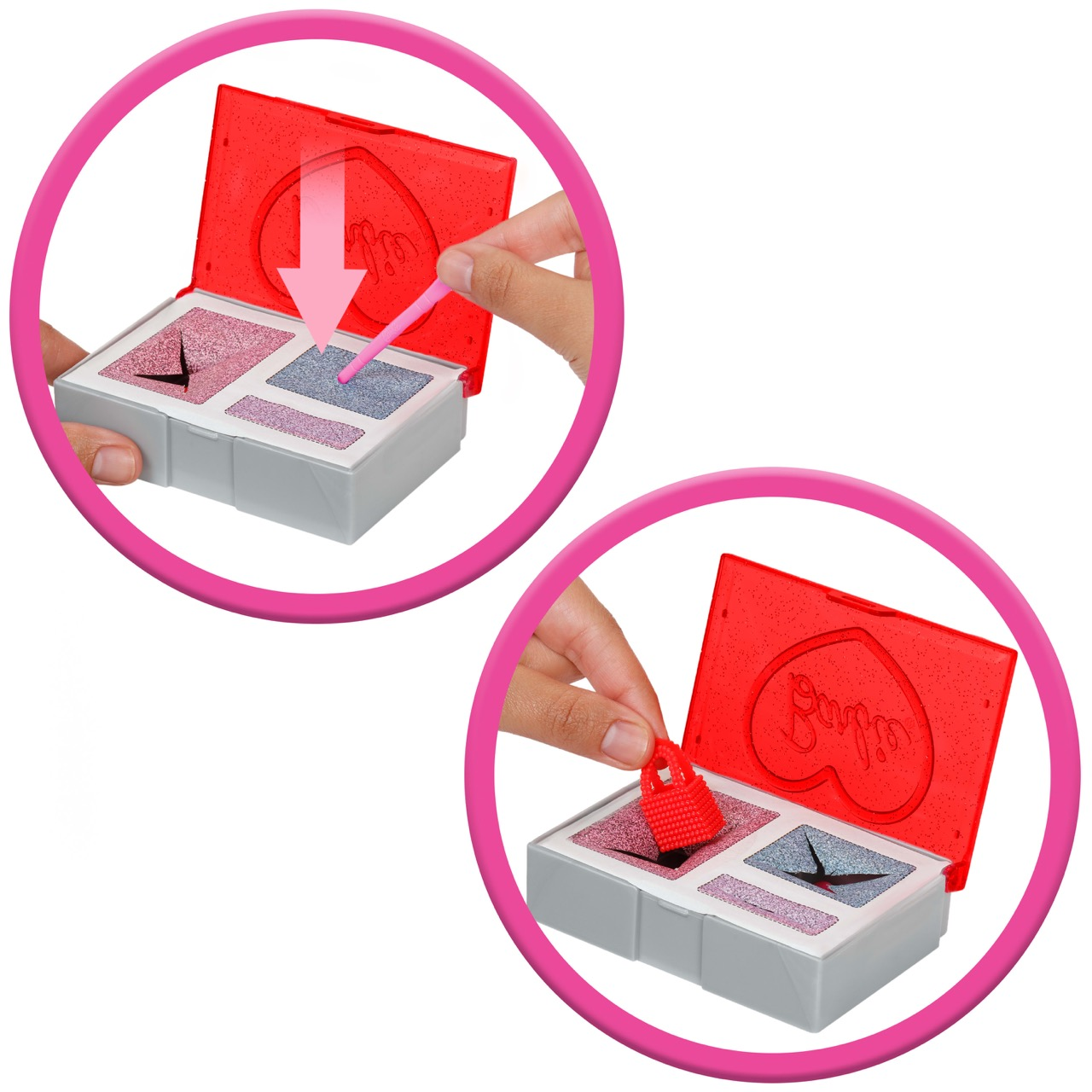 Ein Kind benutzt einen Applikator, um Kosmetik aus einer Palette zu entnehmen.