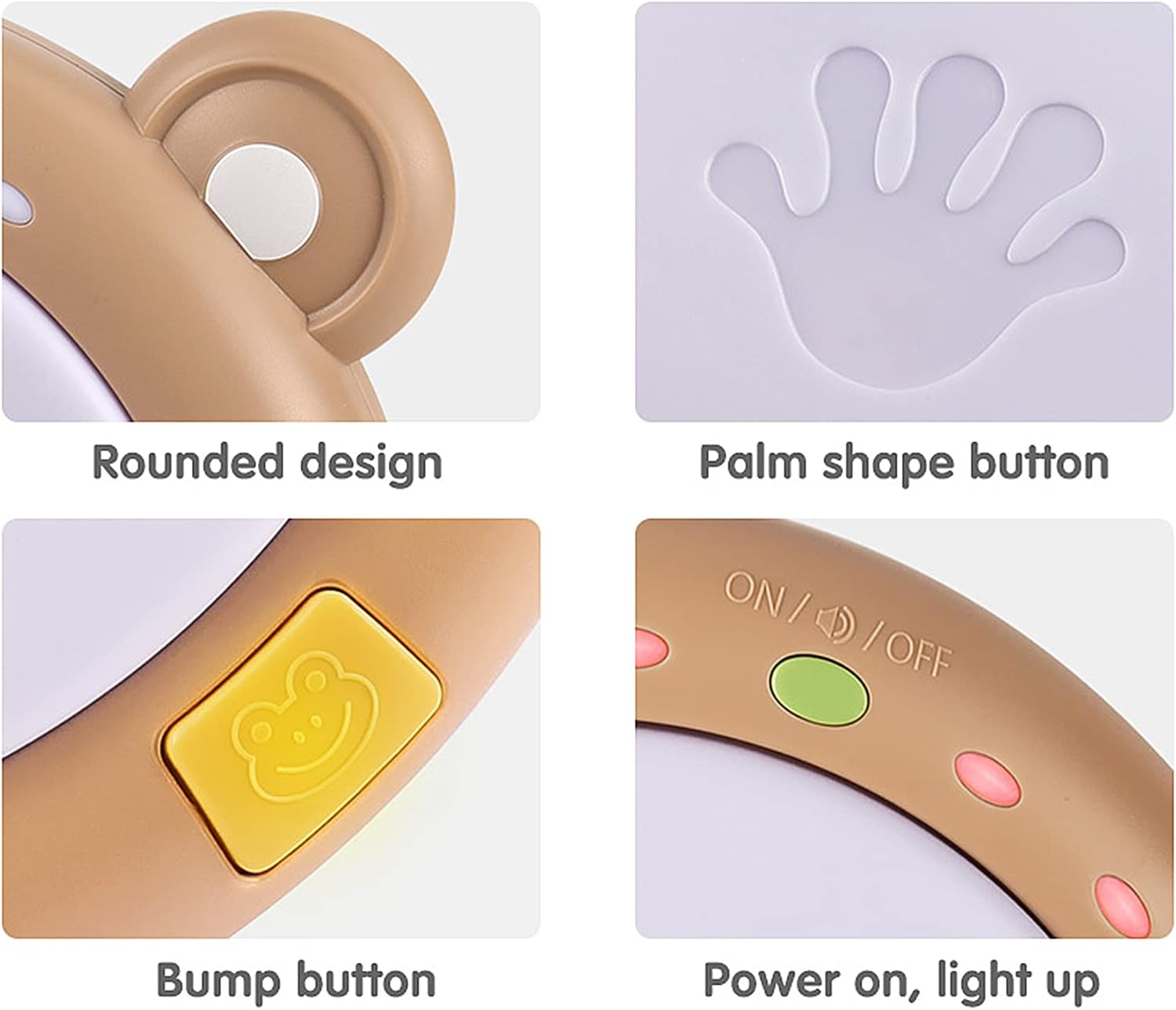 Nahaufnahmen eines Babyspielzeugs: abgerundetes Design, Handform-Taste, Stoßtaste, Bedienelemente.