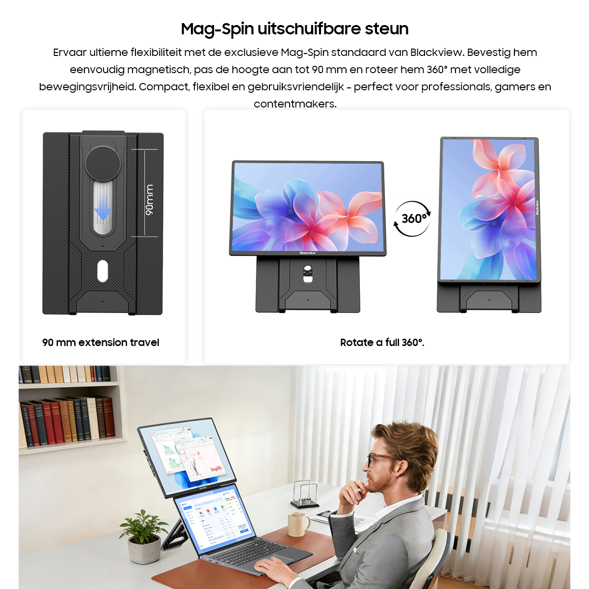 A black stand with 90mm extension and a monitor that rotates 360 degrees.