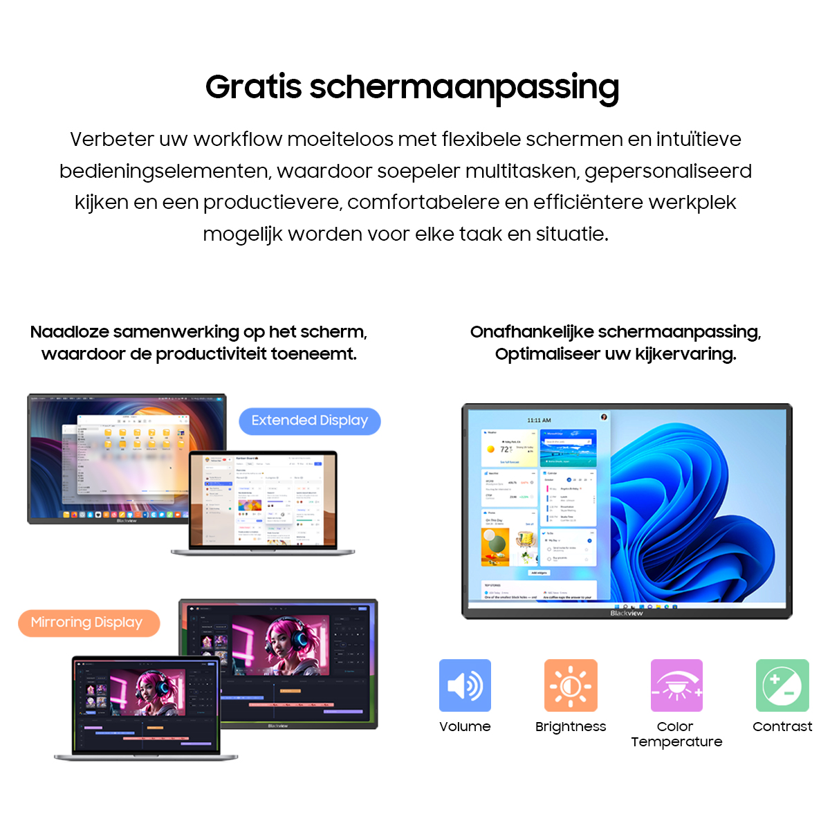 Multiple screens shown: Extended Display with files, Mirroring Display with video editing, and a large monitor with Windows.