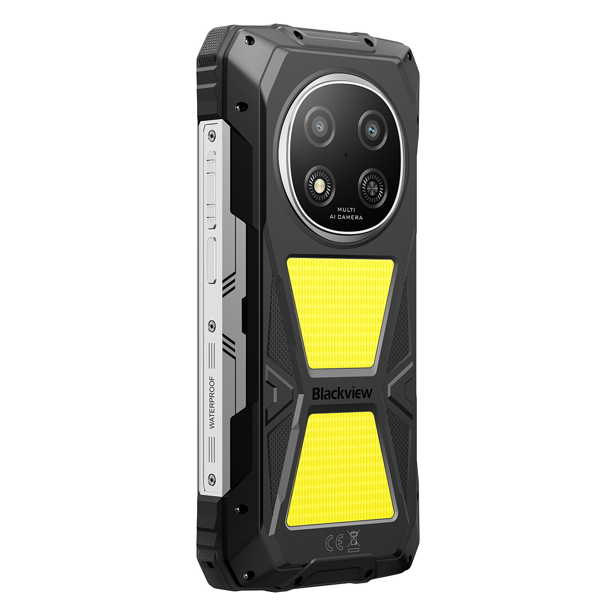 Smartphone robusto con accenti gialli e fotocamera AI multipla.