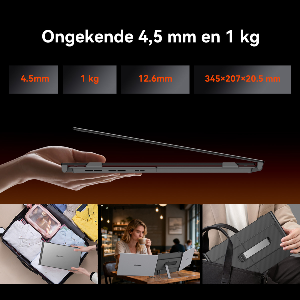 Dunne laptop (4,5 mm) van 1 kg wordt vastgehouden, ingepakt, gebruikt.