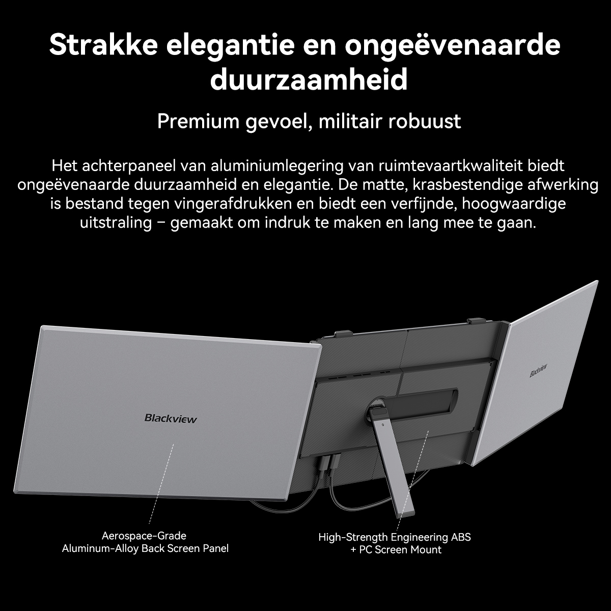Achterkant van een laptop met aluminium achterpaneel en geïntegreerde standaard.