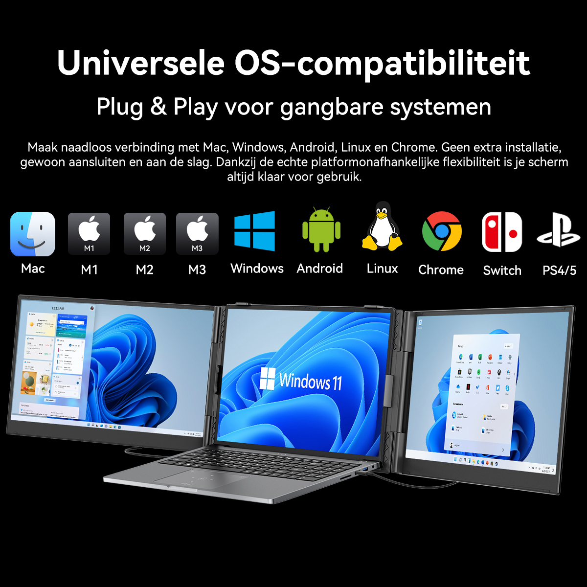 Een laptop met drie schermen waarop diverse besturingssystemen worden weergegeven.