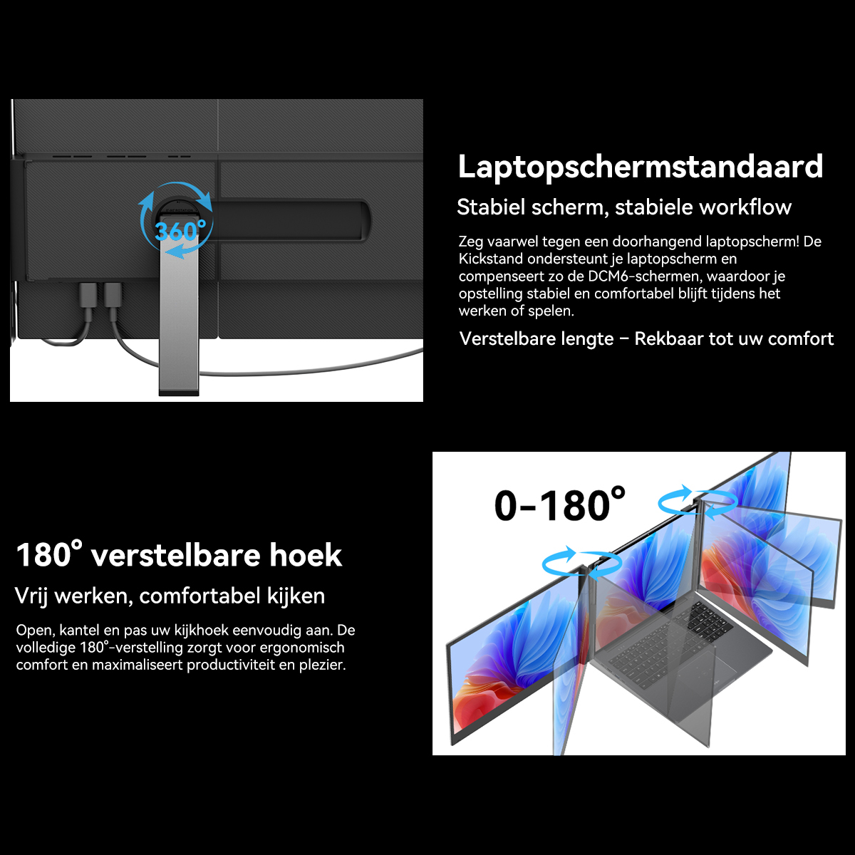 Monitorstandaard met 360° rotatie, 180° hoek en 0-180° laptop schermhouder.