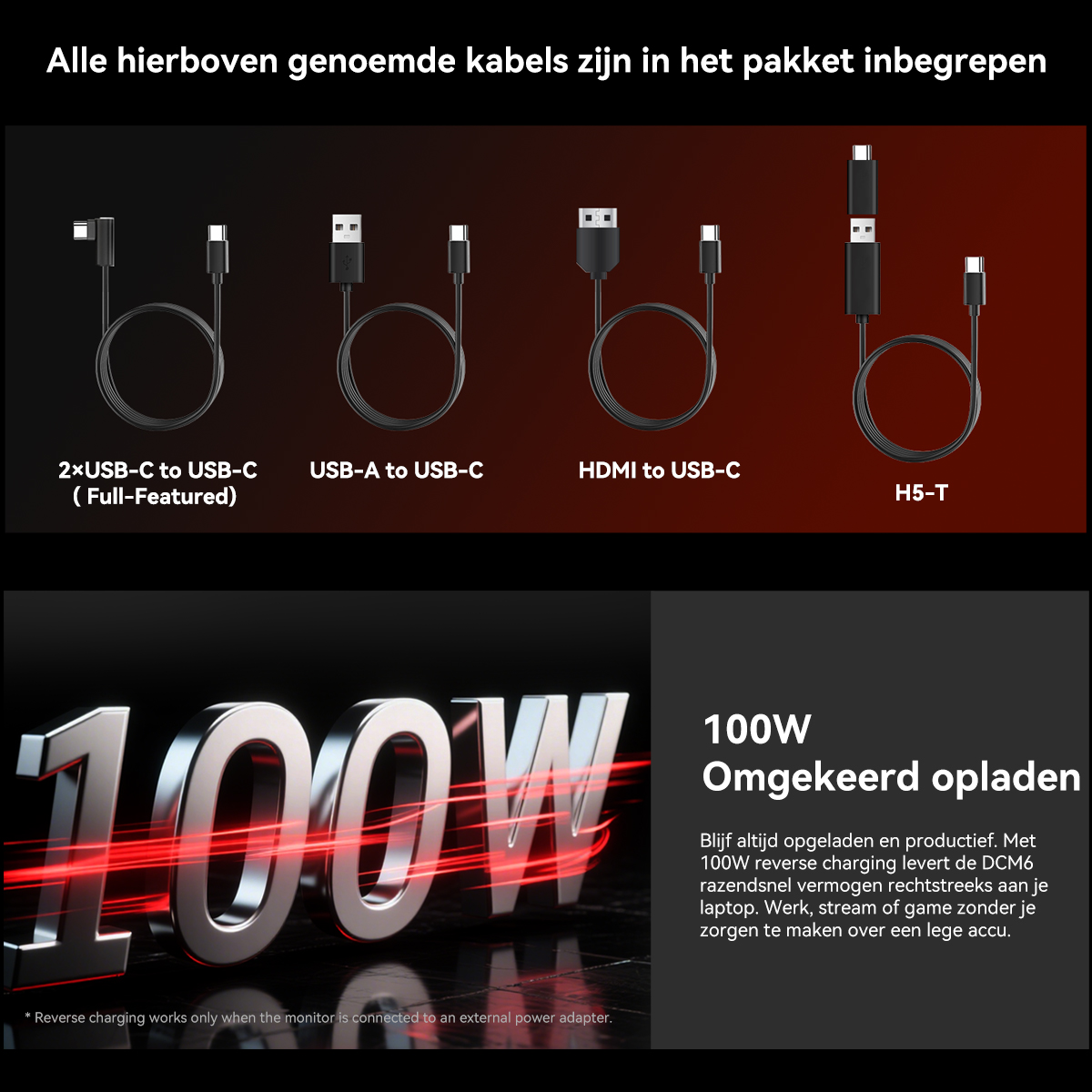 Vier zwarte kabels: 2xUSB-C, USB-A-naar-USB-C, HDMI-naar-USB-C, H5-T. 100W