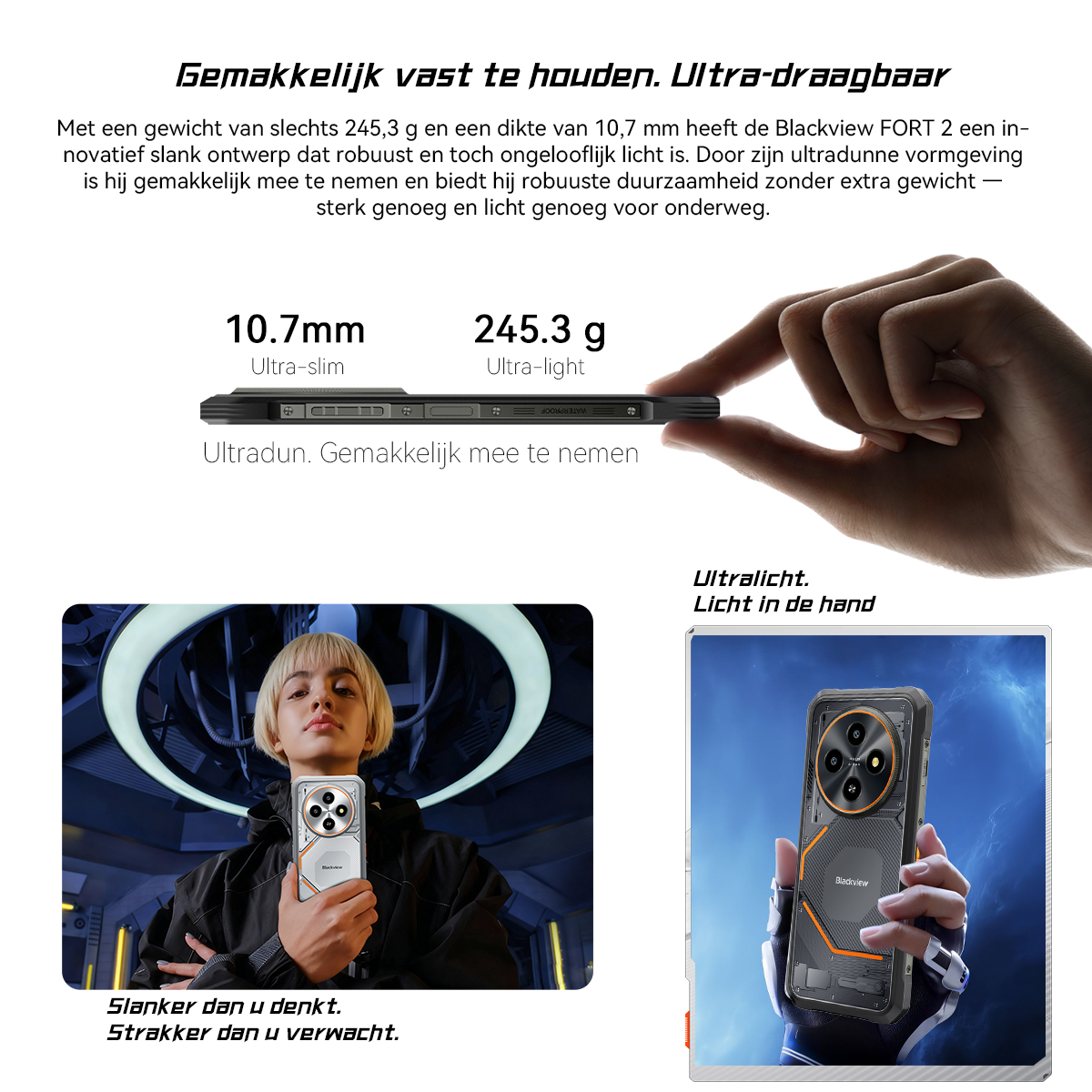 A Blackview Fort 2 phone is shown, slim and light. Close-up of grips.