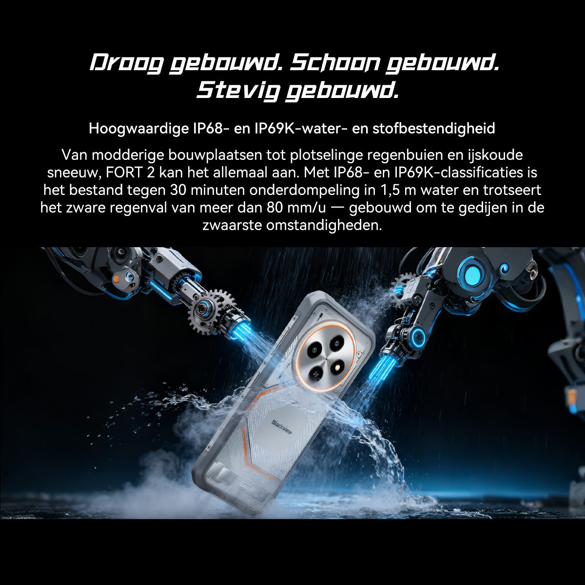A smartphone is held under water by robotic arms, demonstrating its water resistance.