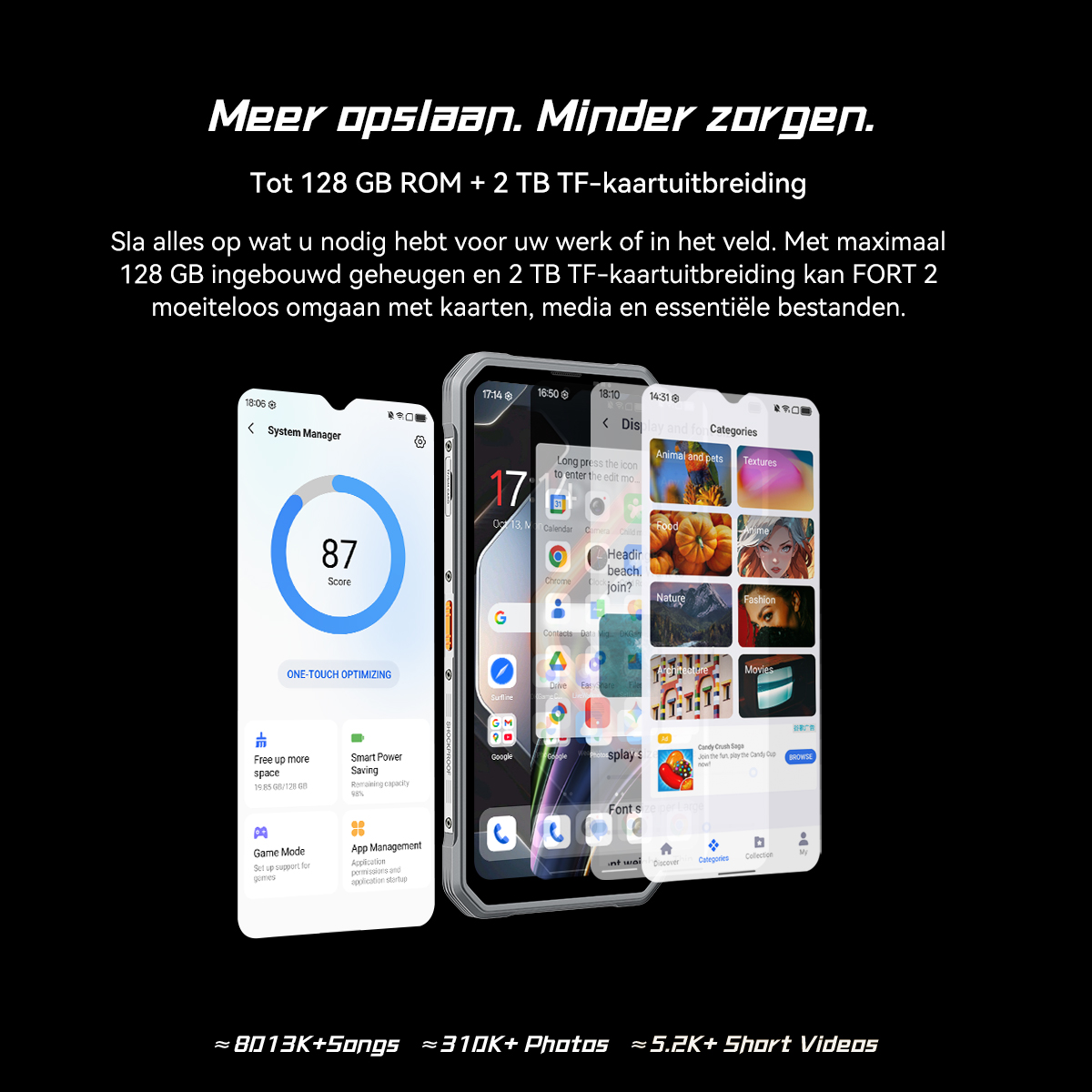 Three smartphones display interfaces: System Manager, App Categories, and Games.
