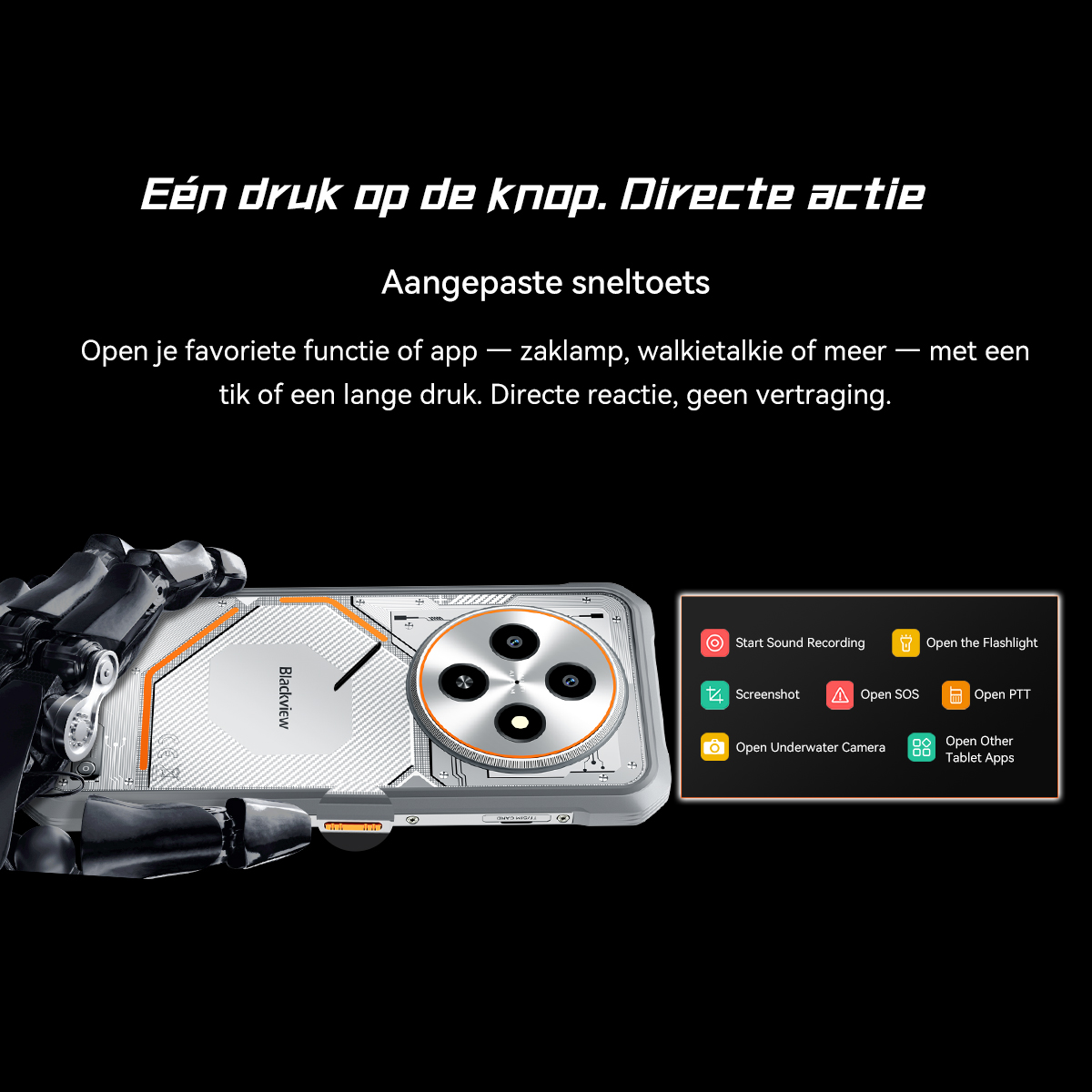 A robot arm holds a smartphone with four cameras. To the right, a list of app shortcuts.