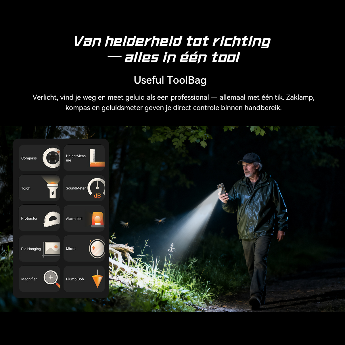 Man with flashlight in forest using smartphone. Tools are displayed on the left.