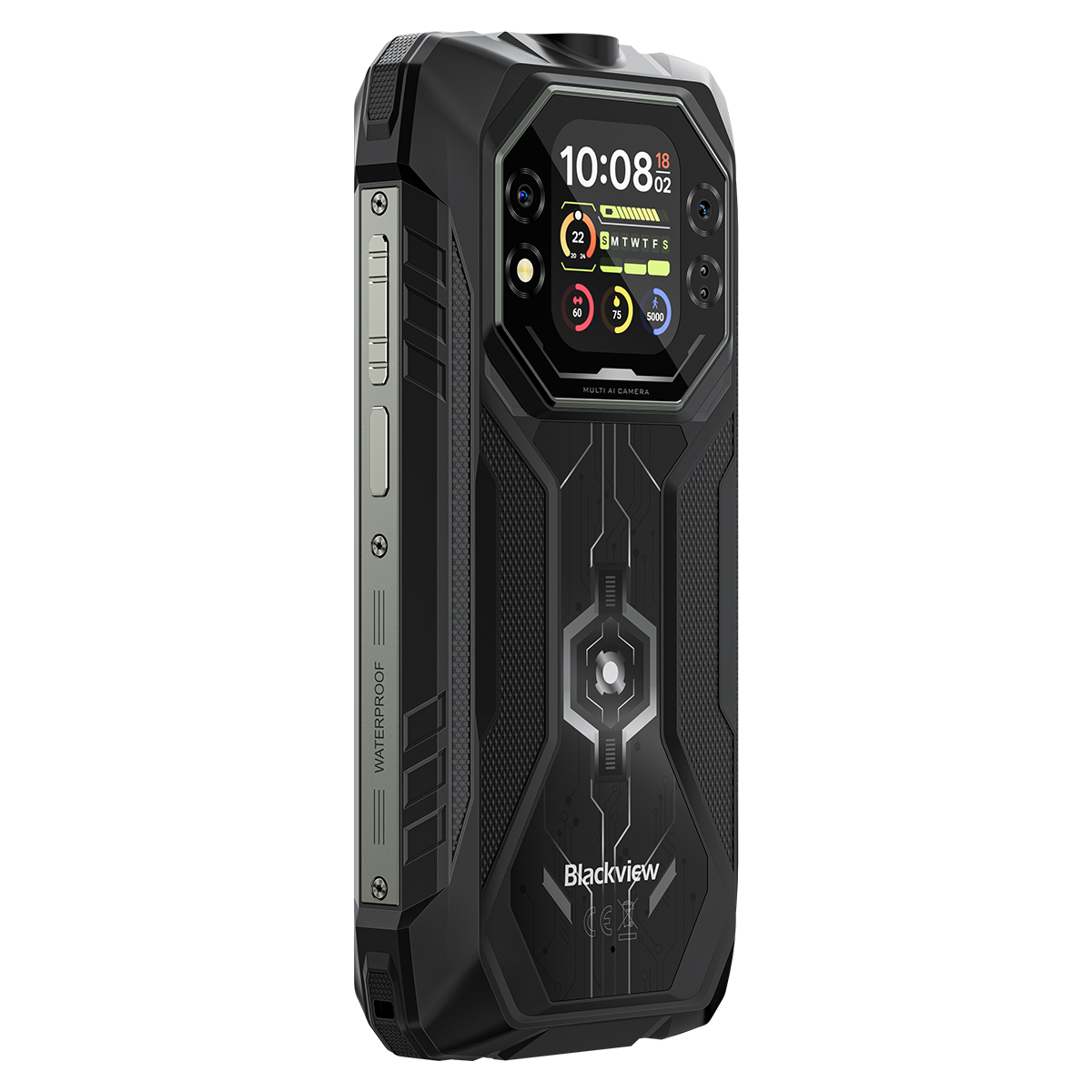 Zwarte outdoor smartphone met camera's en een display dat 10:08 toont.