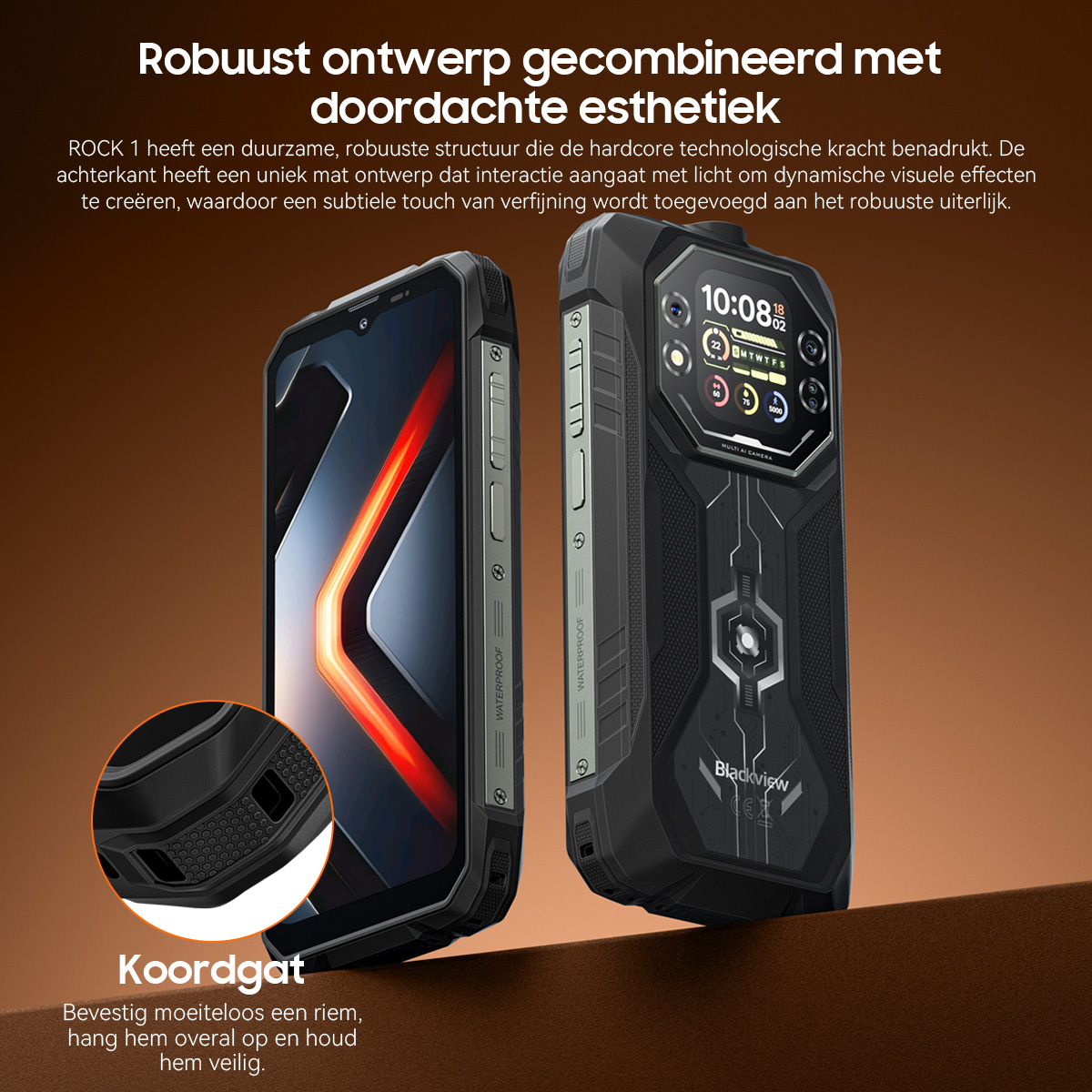 Twee robuuste Blackview smartphones, één met leeg scherm, de ander toont tijd en iconen.