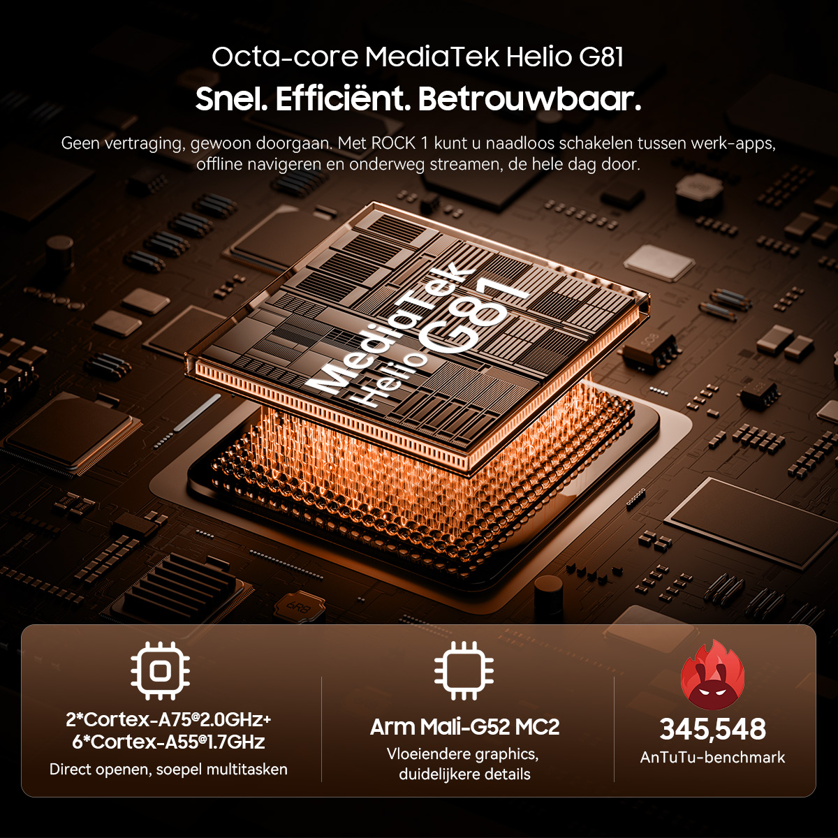 Close-up van een Octa-core MediaTek Helio G81 processor met technische details.