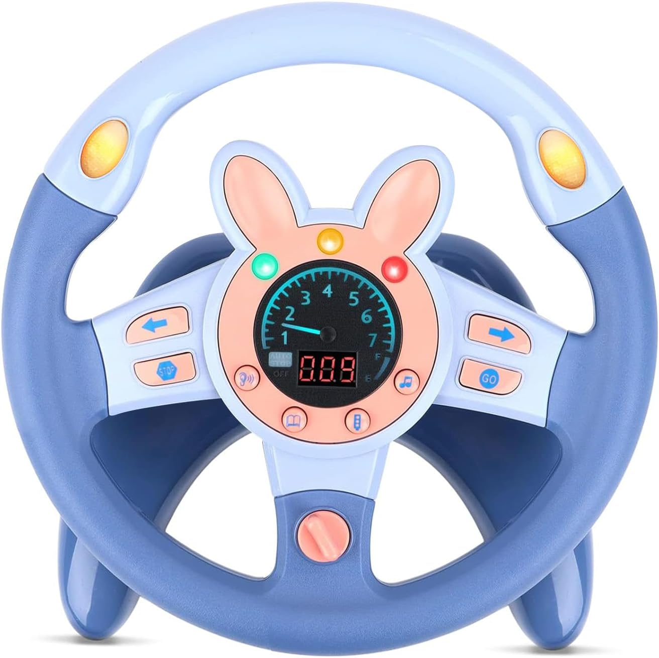 Ein blaues Spielzeug-Lenkrad mit Hasenohren und einem digitalen Display.
