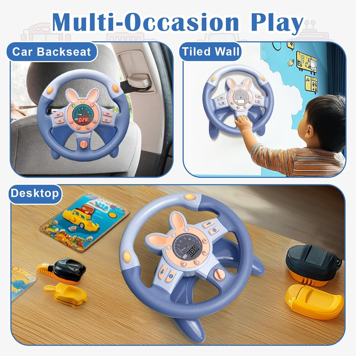 Ein blaues Spielzeuglenkrad mit Hasenohren und Display.